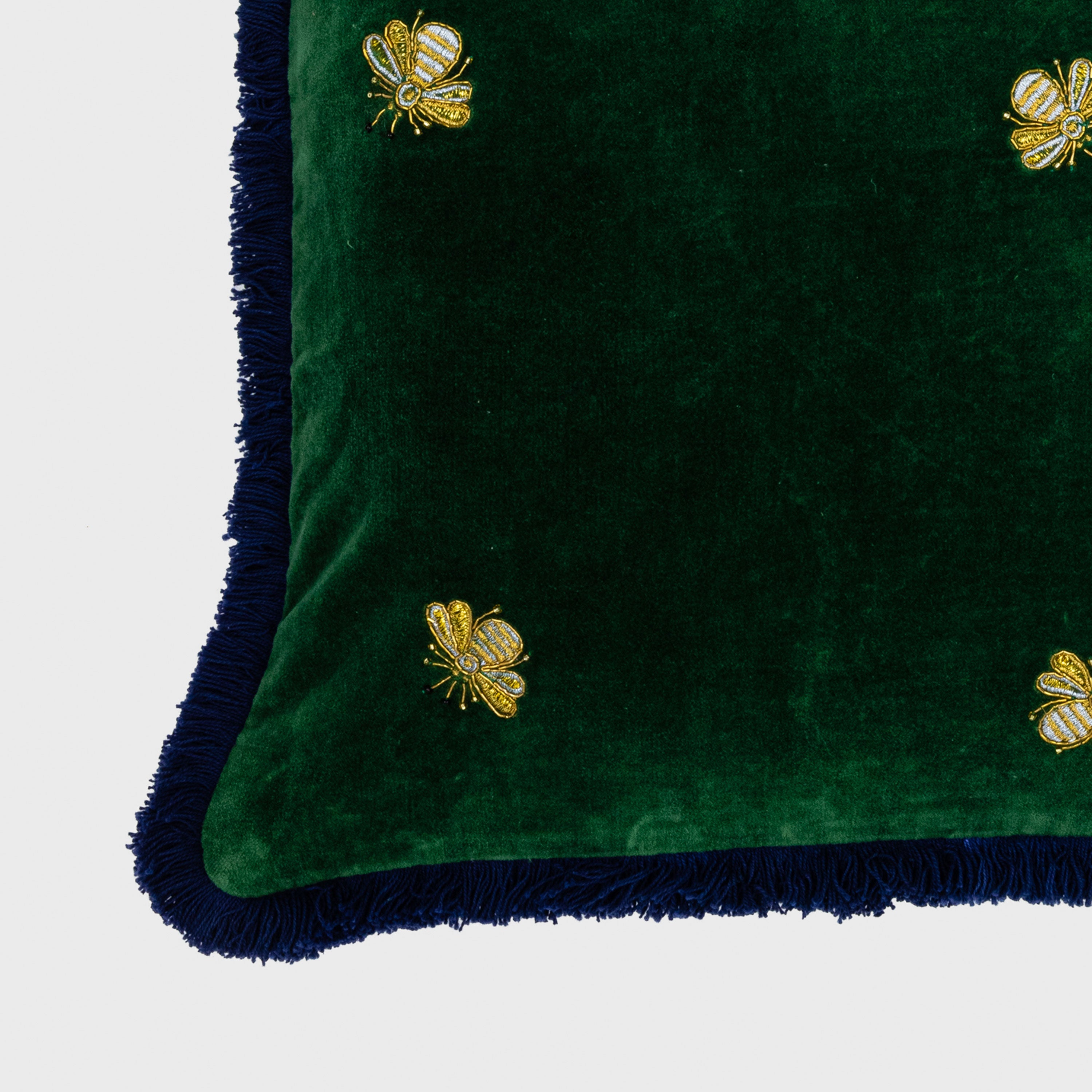 Embroidered Bee Fringe Pillow, Hunter Green Cotton Velvet