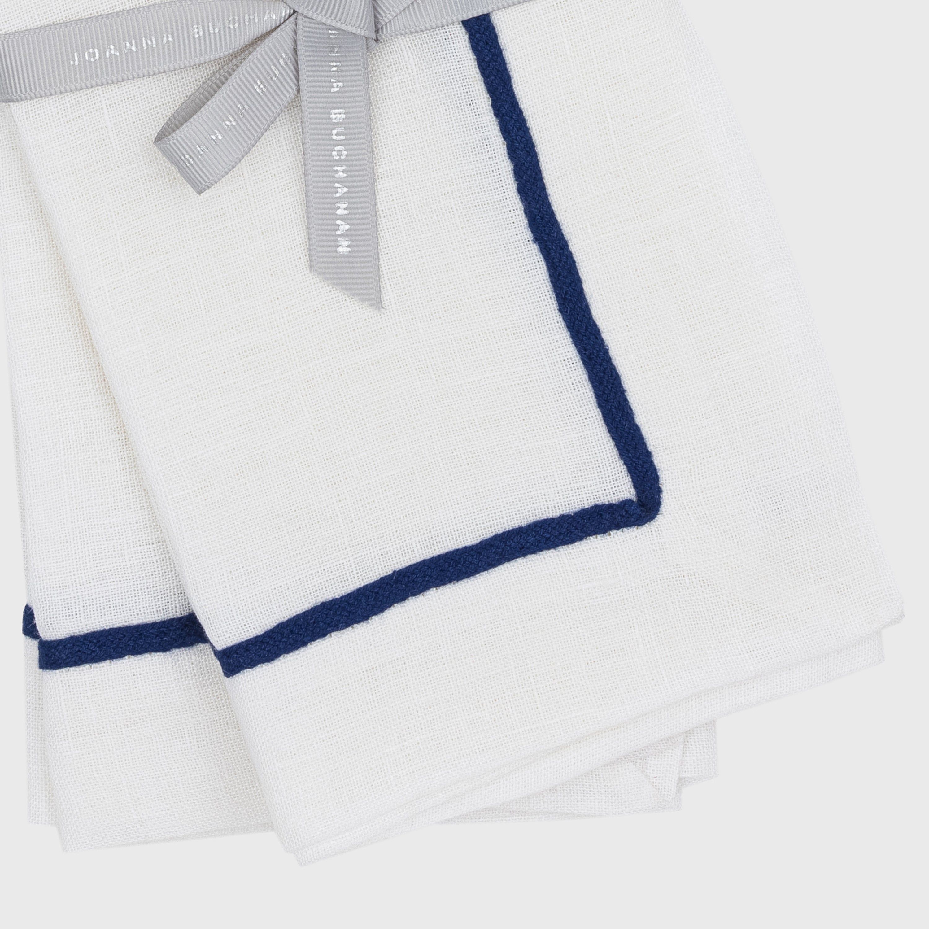 Navy Trim Linen Dinner Napkins, White, Set Of Two