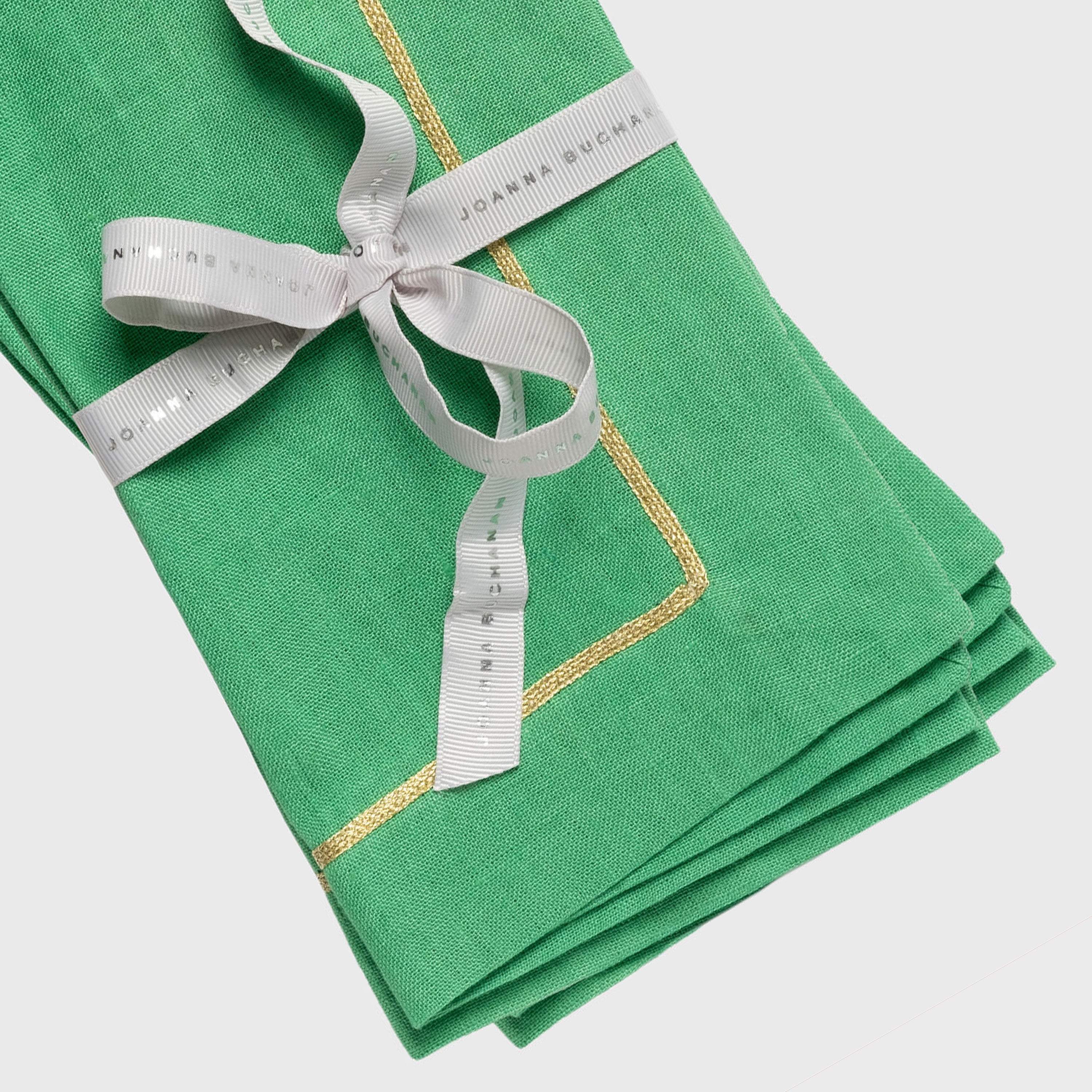 Gold Trim Linen Dinner Napkin,  Grass Green, Set Of Two