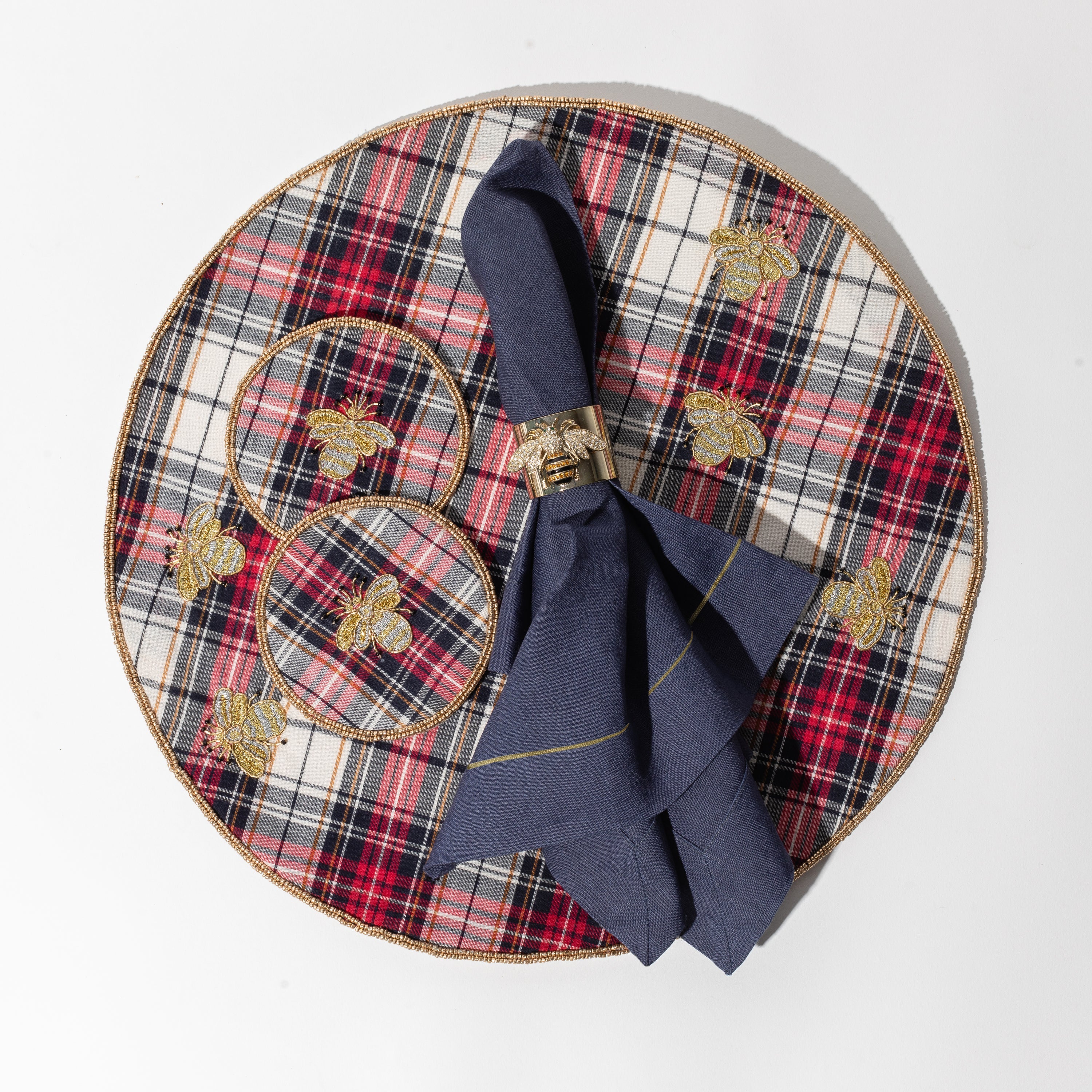 Embroidered Bee Plaid Coasters