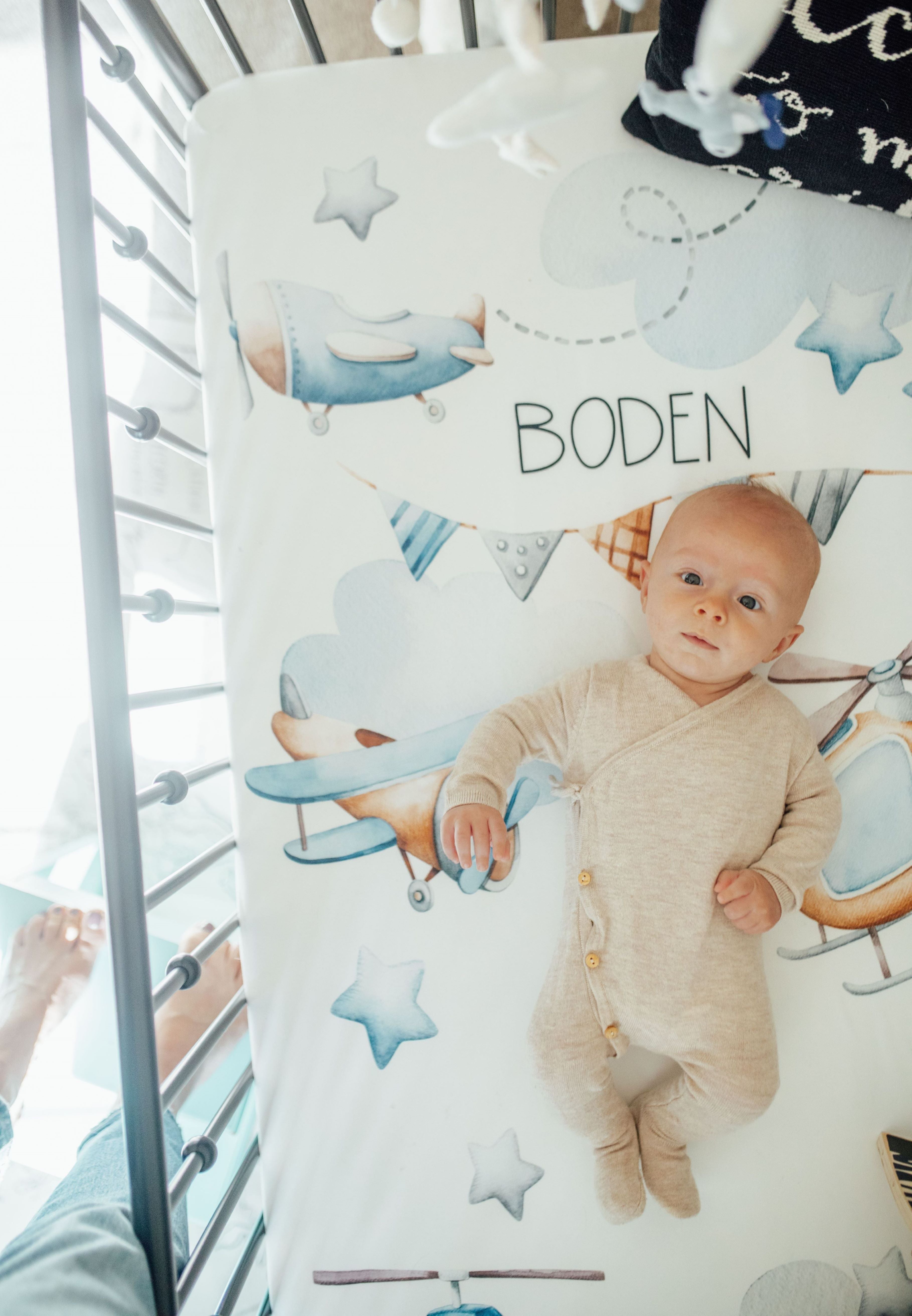 Personalized Crib Sheet | Custom Baby Bedding With Watercolor Airplane Design