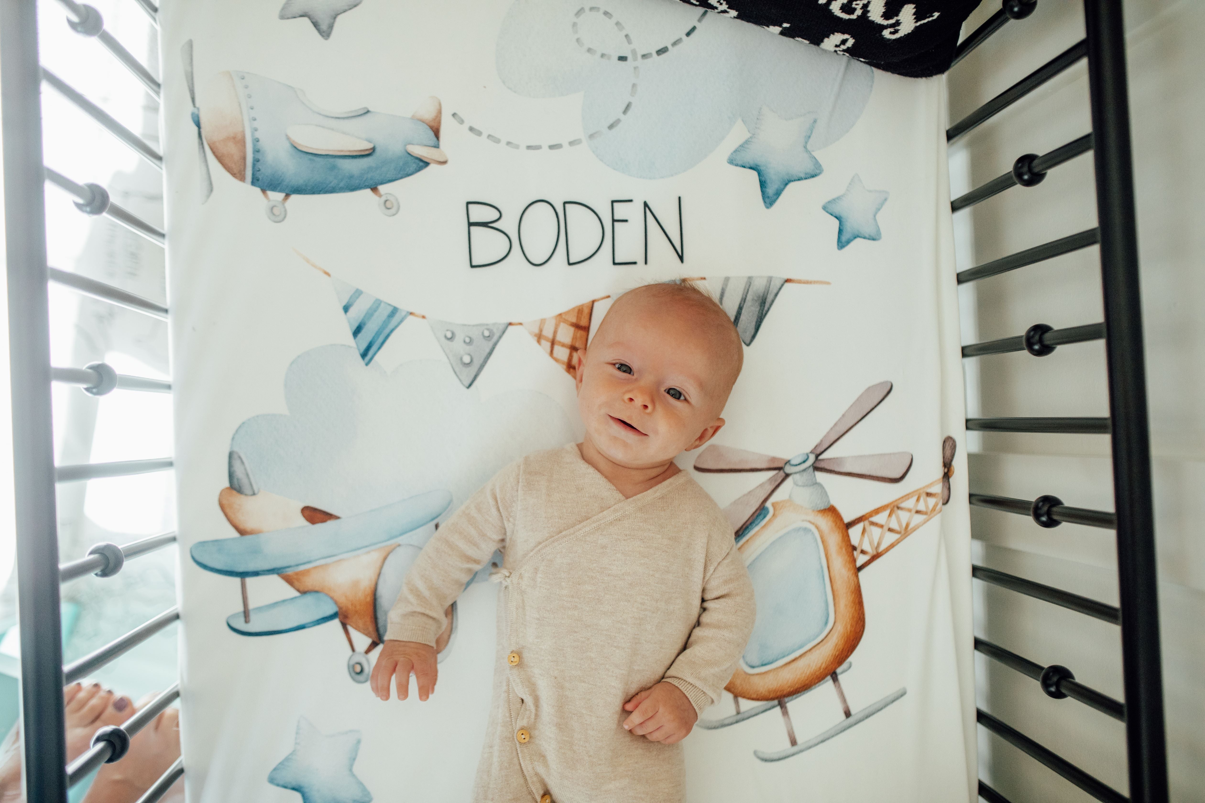 Personalized Crib Sheet | Custom Baby Bedding With Watercolor Airplane Design