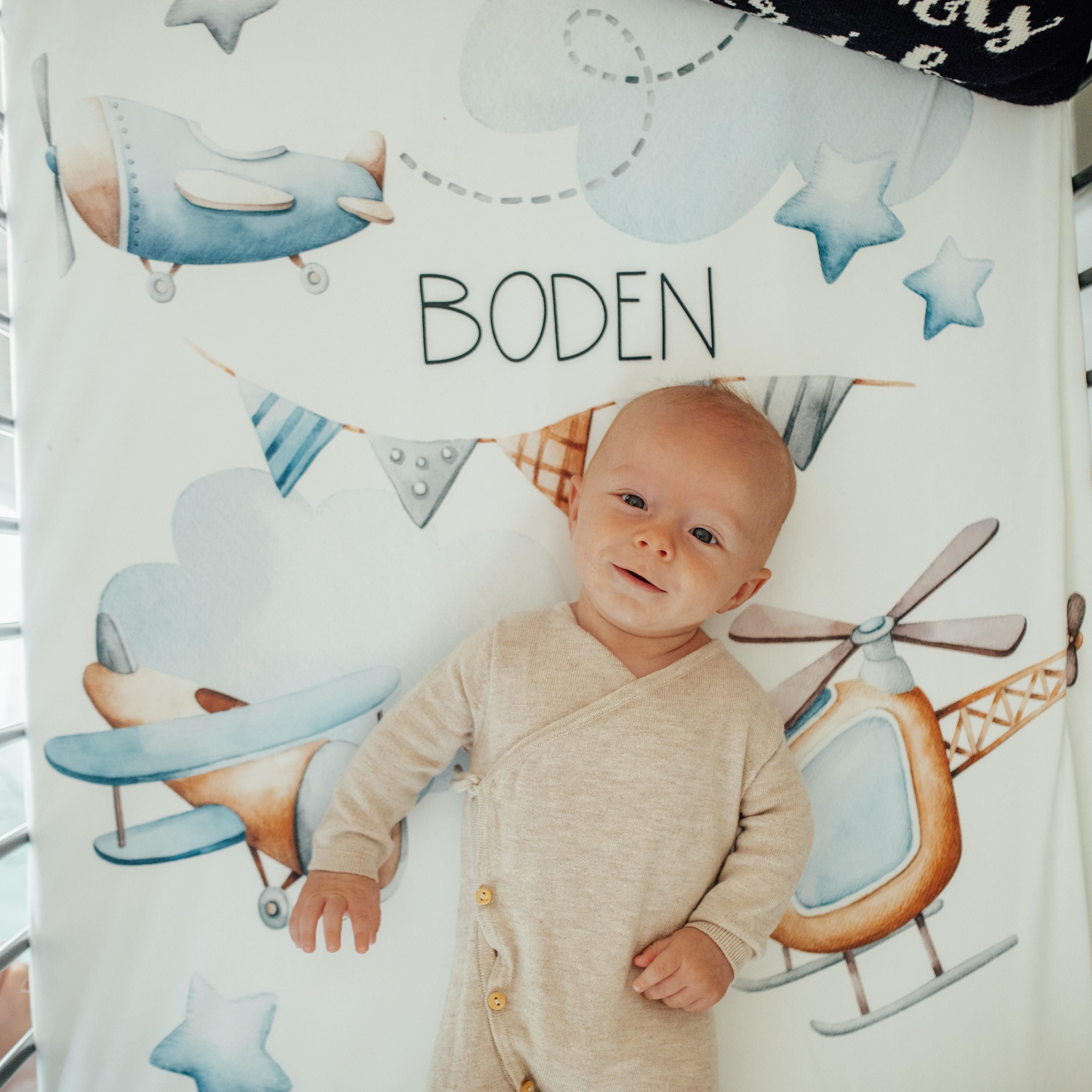 Personalized Crib Sheet | Custom Baby Bedding With Watercolor Airplane Design