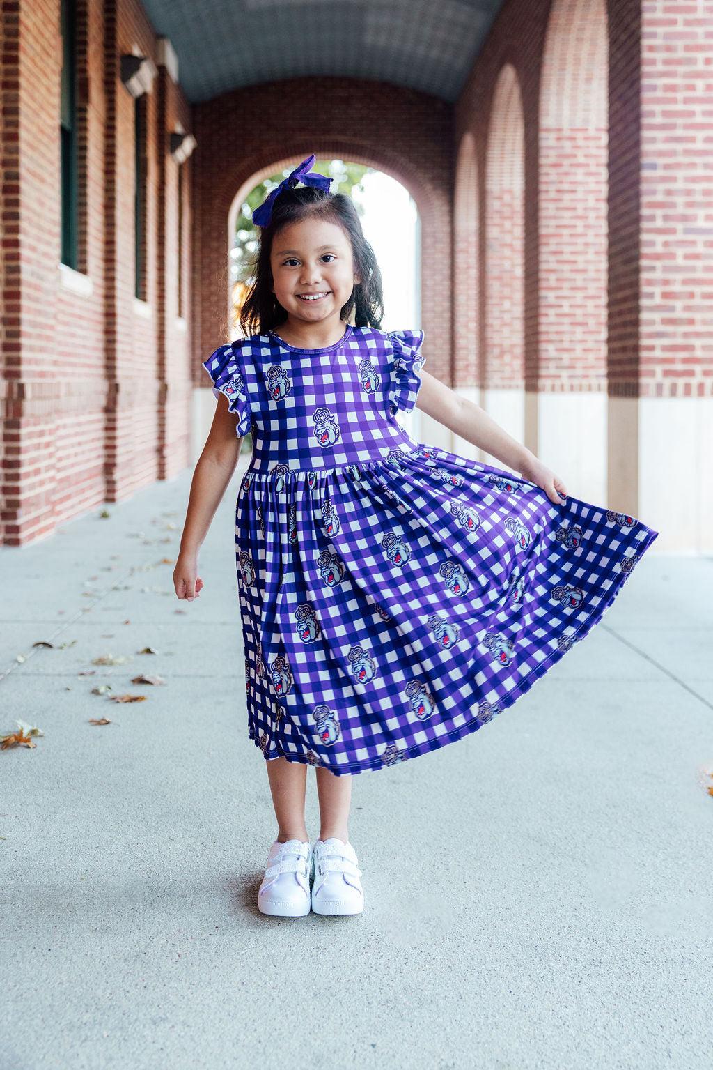 Jmu Plaid Duke Dog Flutter Twirl  Dress