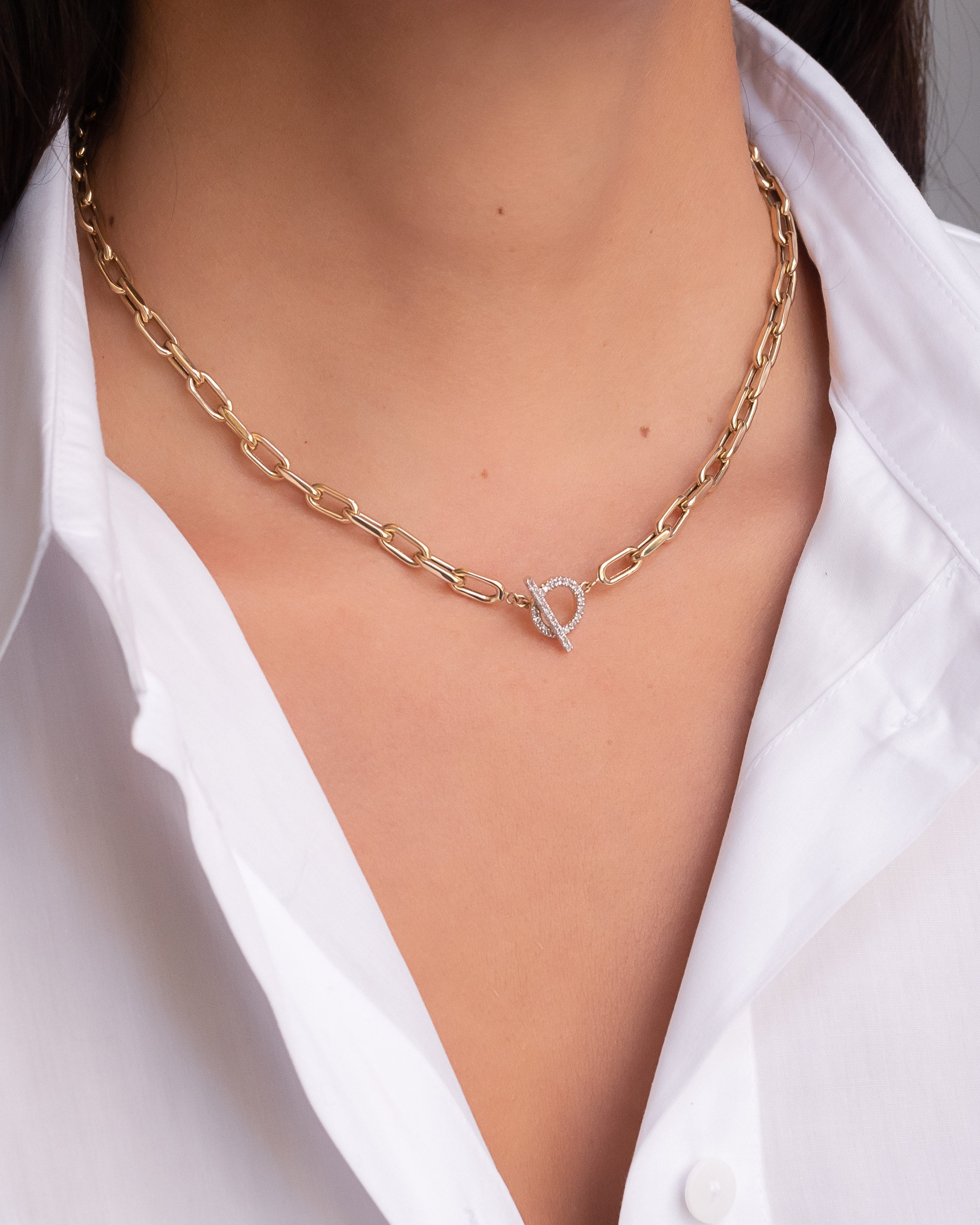 14k Gold Large Open Link Chain With Diamond Toggle Necklace