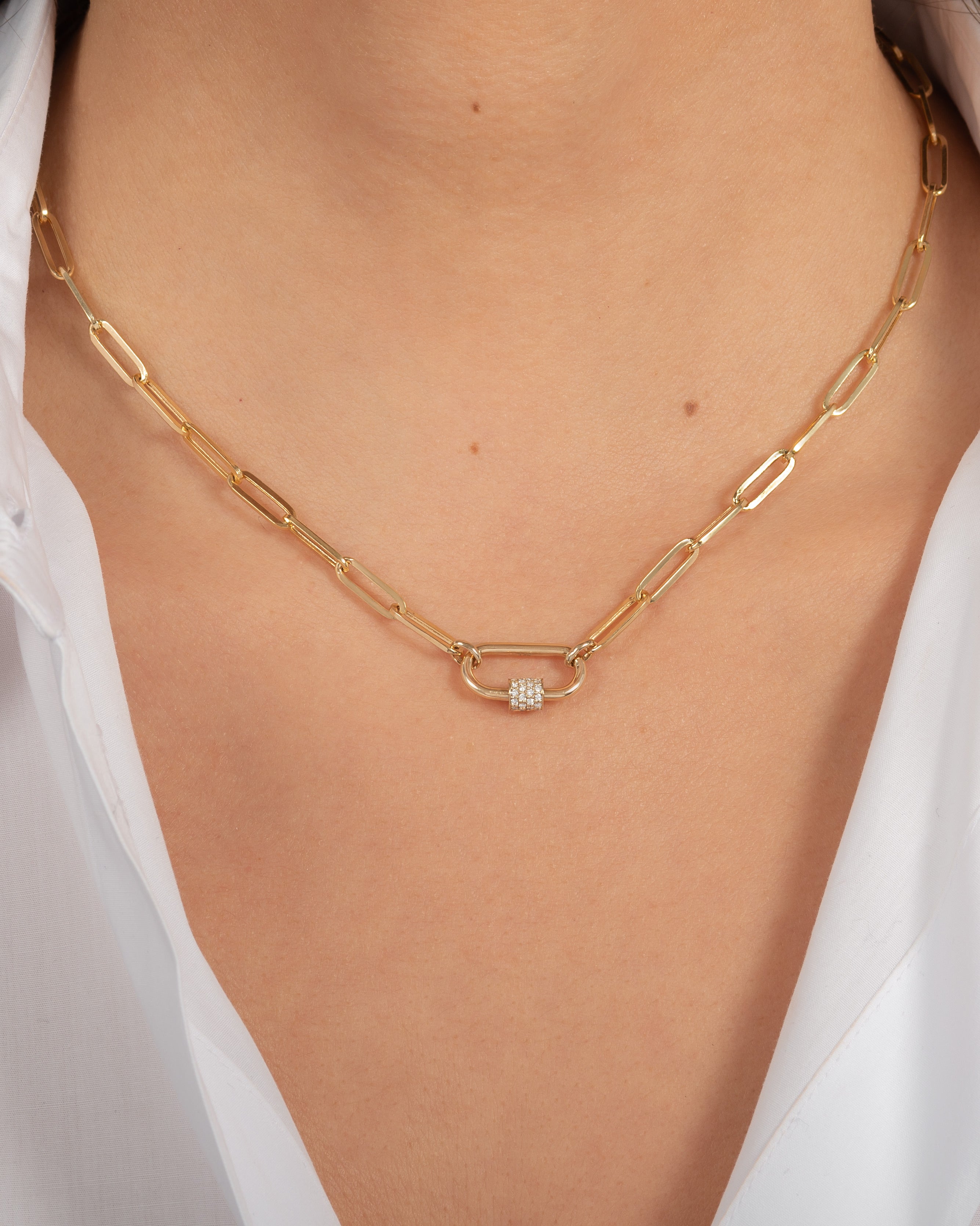 14k Gold Large Paper Clip Chain With Diamond Carabiner Necklace