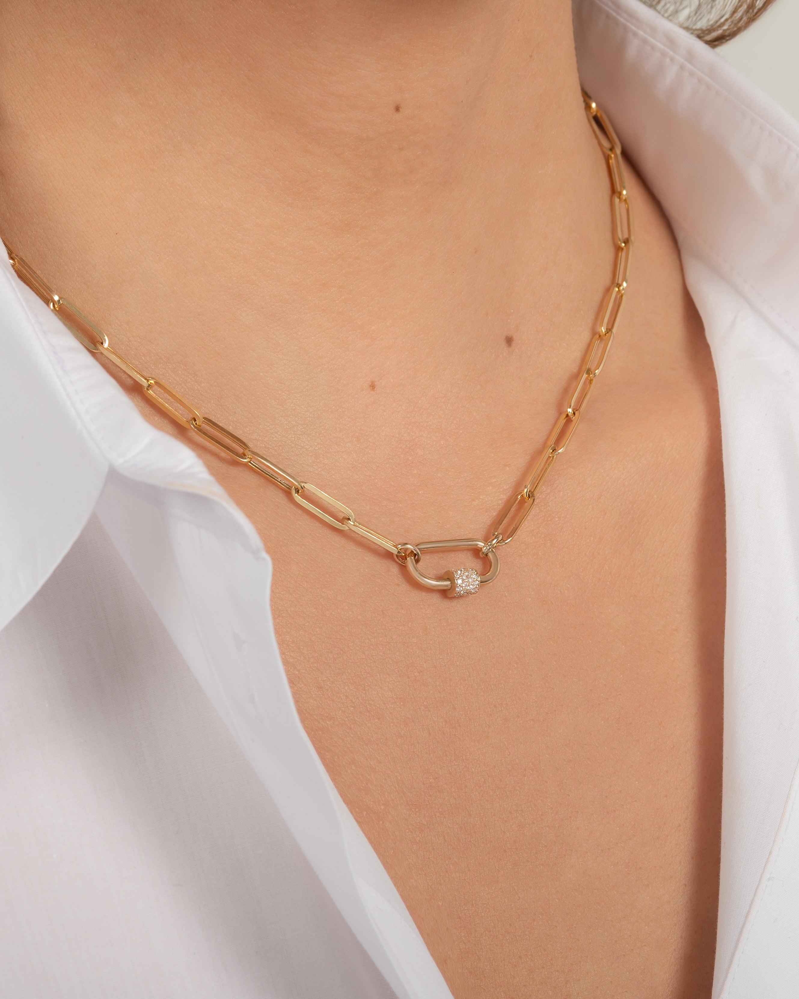 14k Gold Large Paper Clip Chain With Diamond Carabiner Necklace