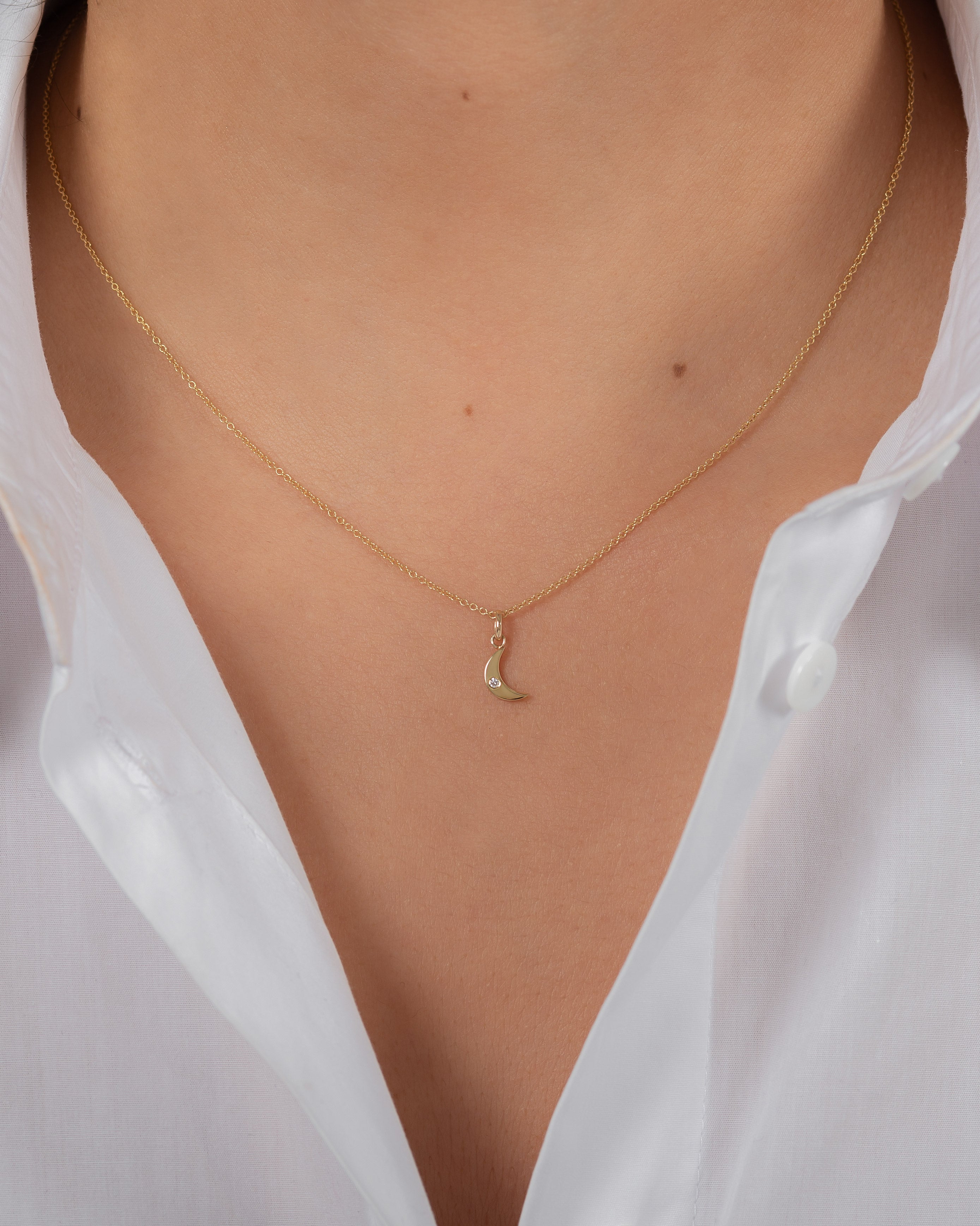 14k Gold Moon With Tiny Diamond Pendant