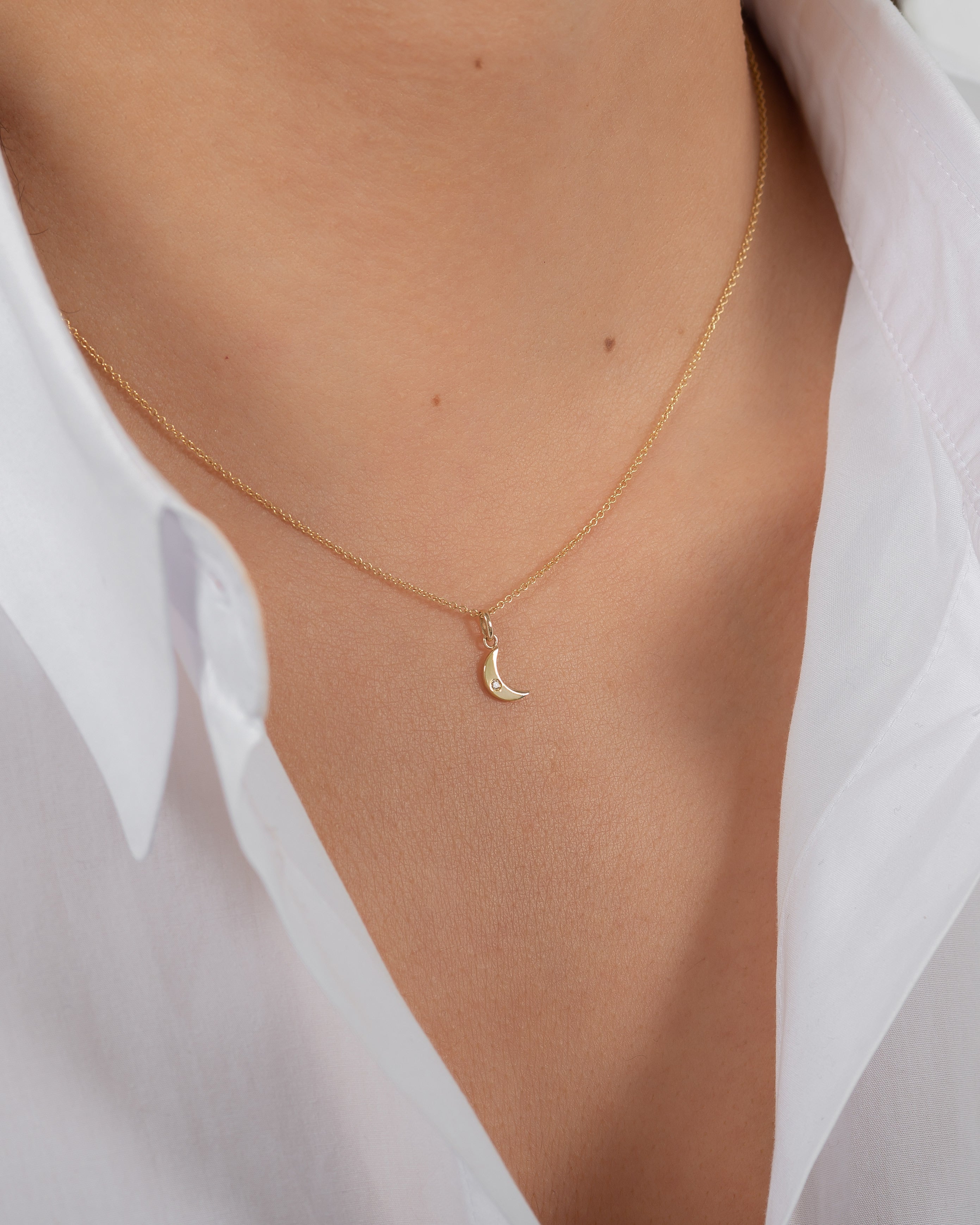 14k Gold Moon With Tiny Diamond Pendant