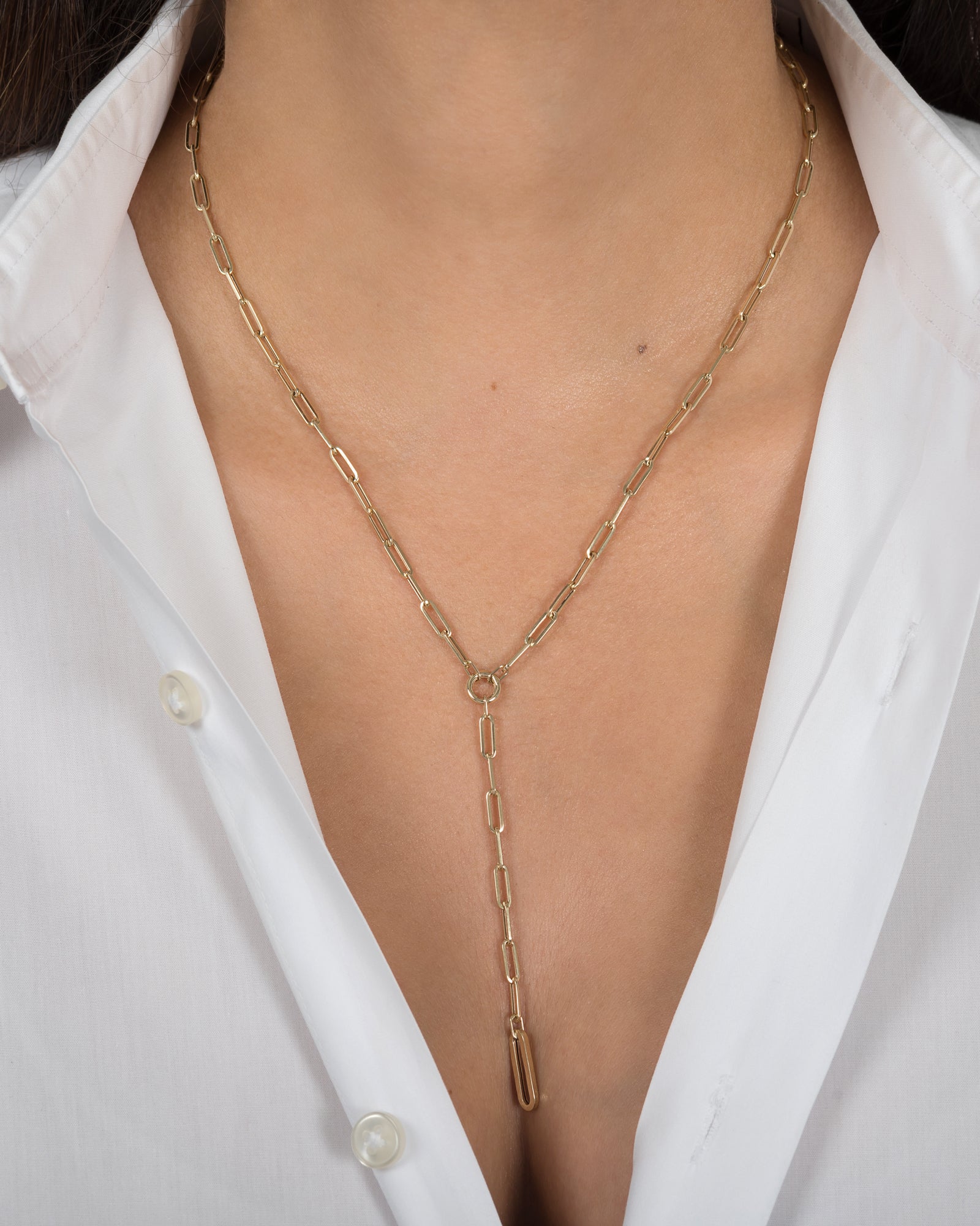 14k Gold Large Paper Clip Lariat Necklace