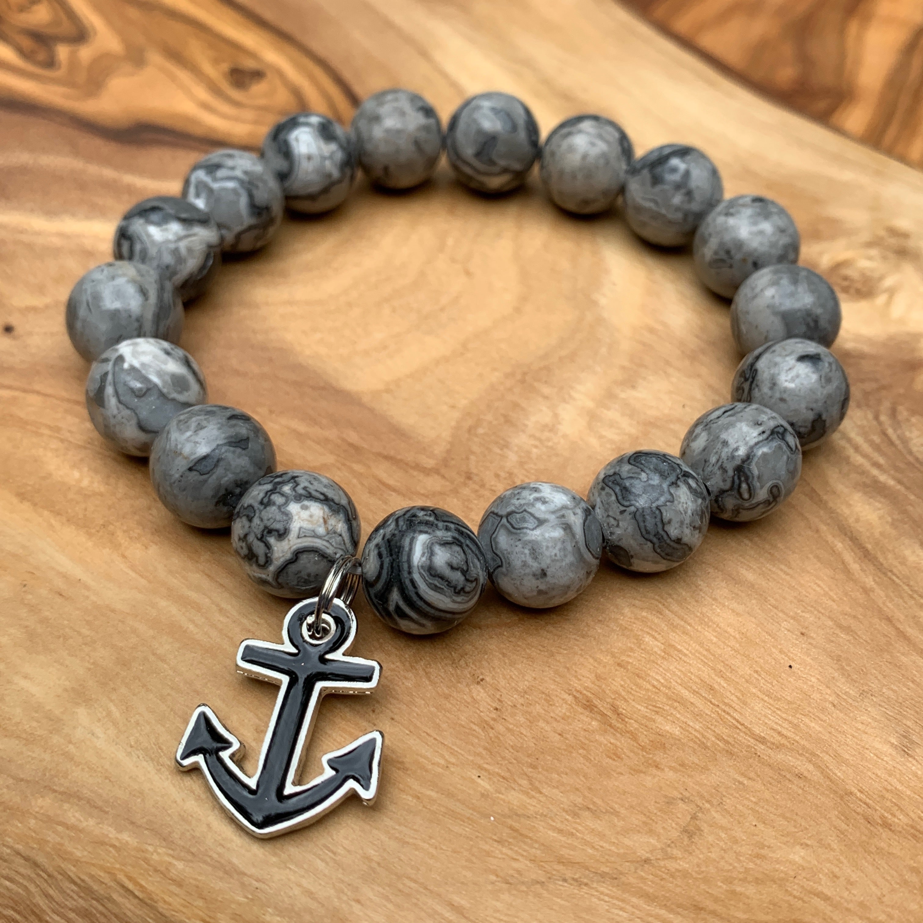 Jade Gray Stretch Stone Bead Bracelet With Anchor Charm