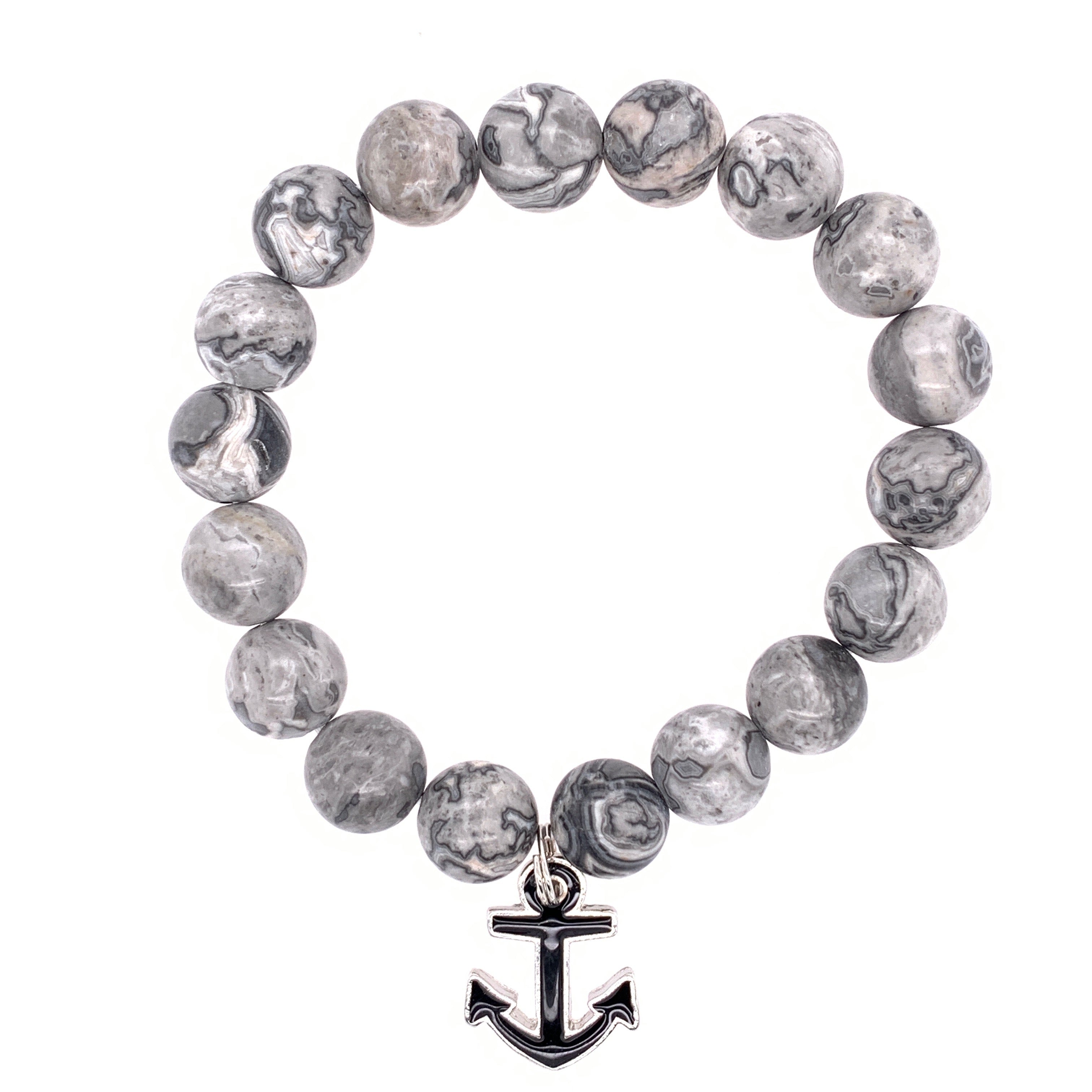 Jade Gray Stretch Stone Bead Bracelet With Anchor Charm