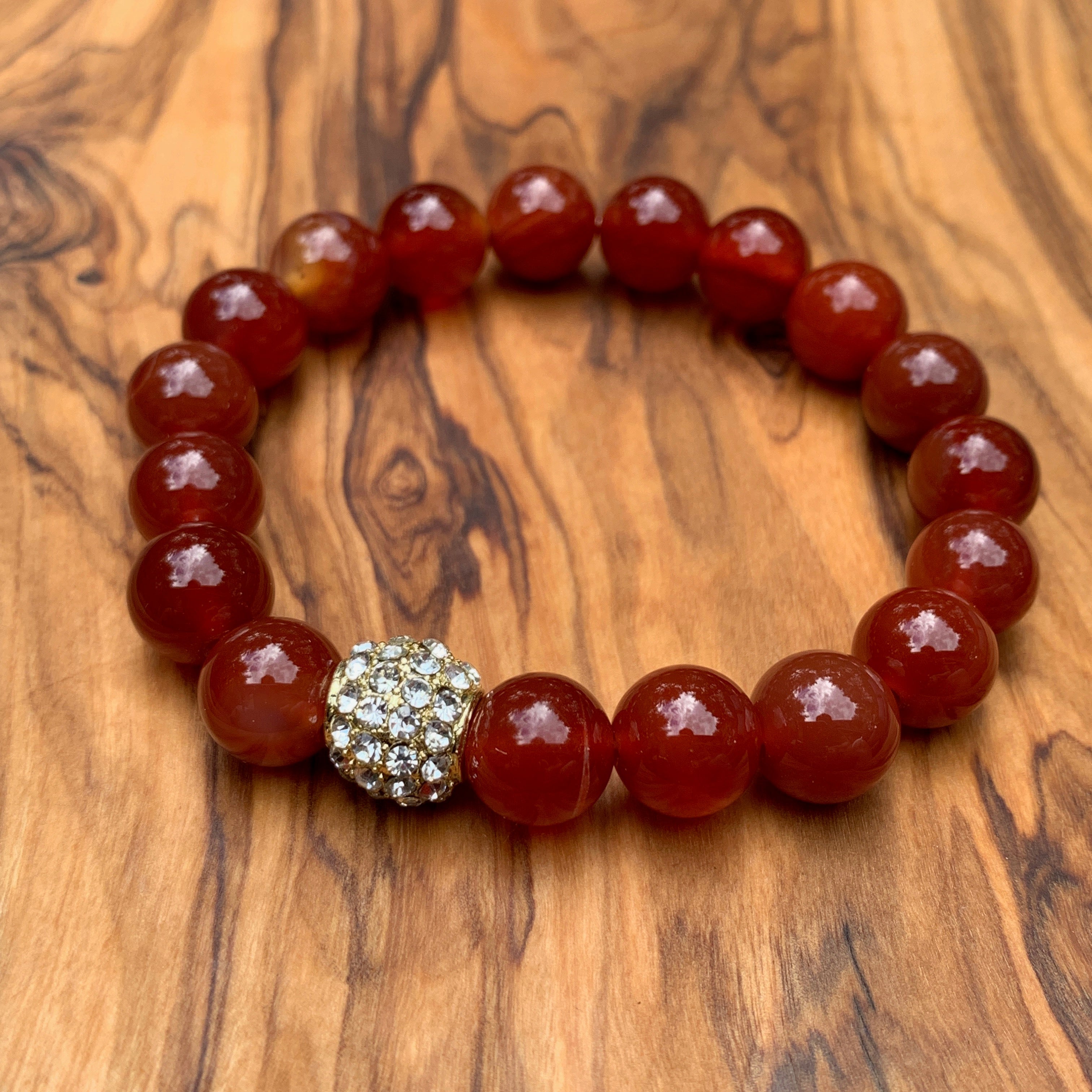 Red Jade Bracelet With Rhinestone Pavé Bead