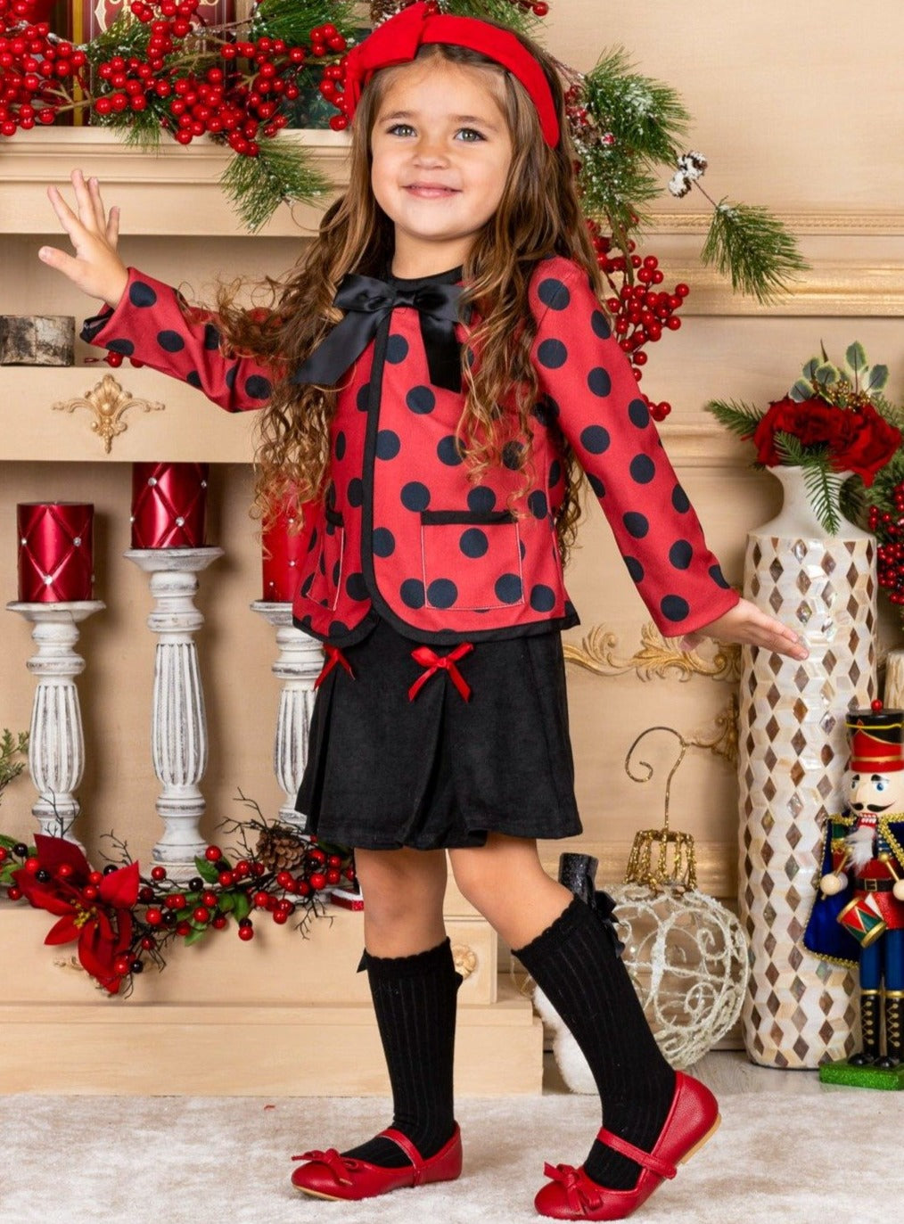 Polished Polka Dot Cardigan And Pleated Skirt Set