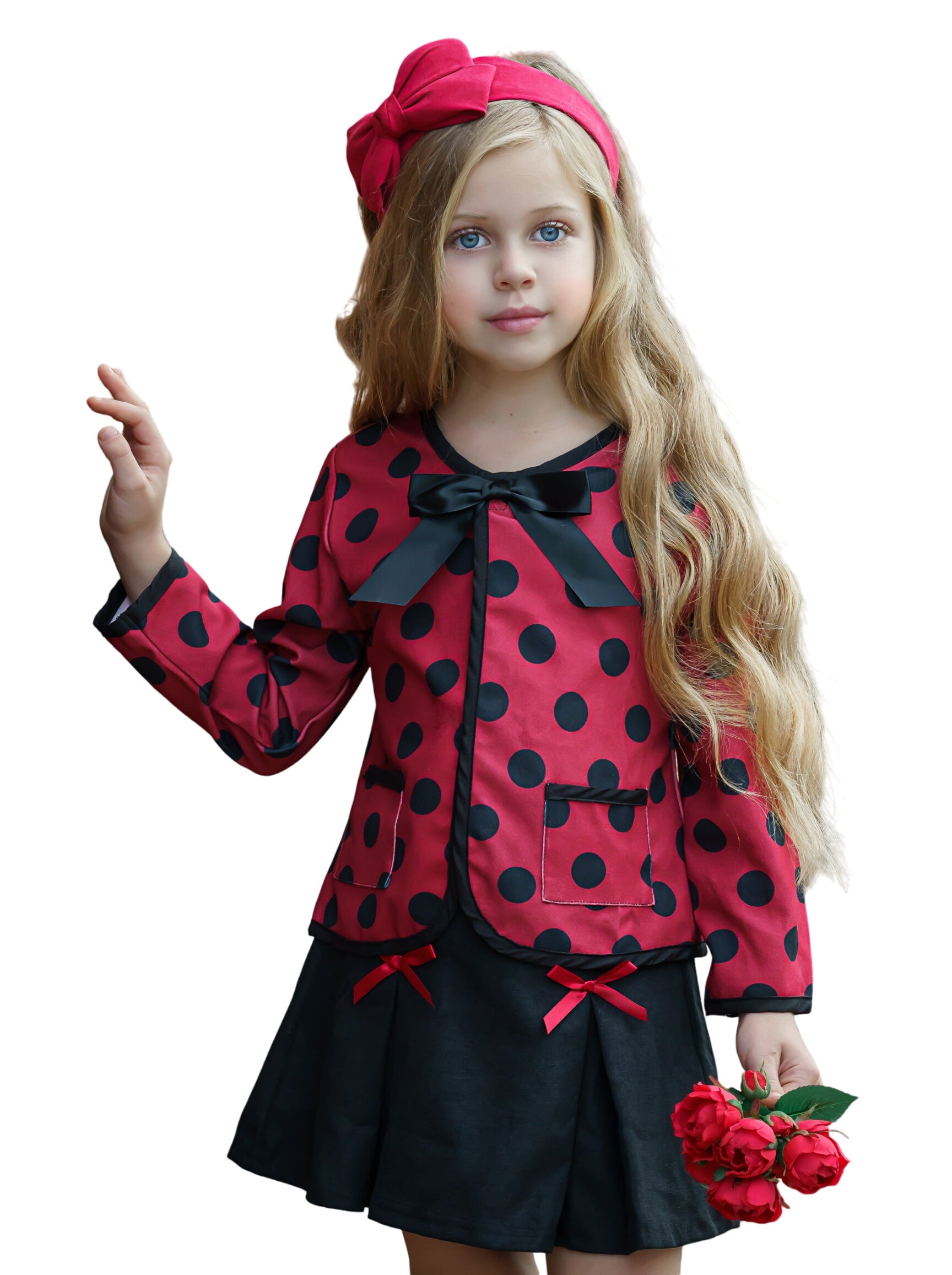 Polished Polka Dot Cardigan And Pleated Skirt Set