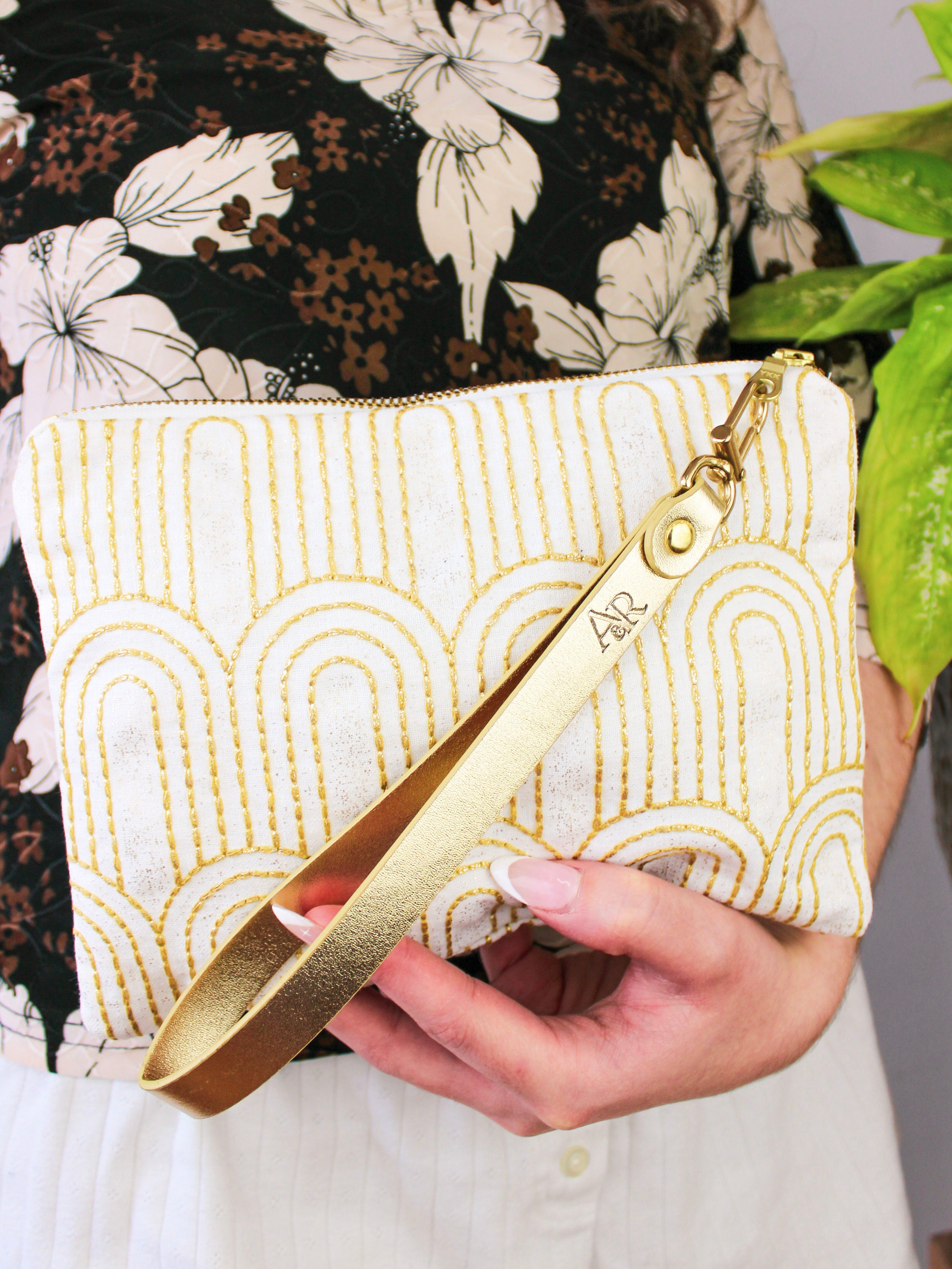 Josephine Embroidered Gold And White Wristlet Purse