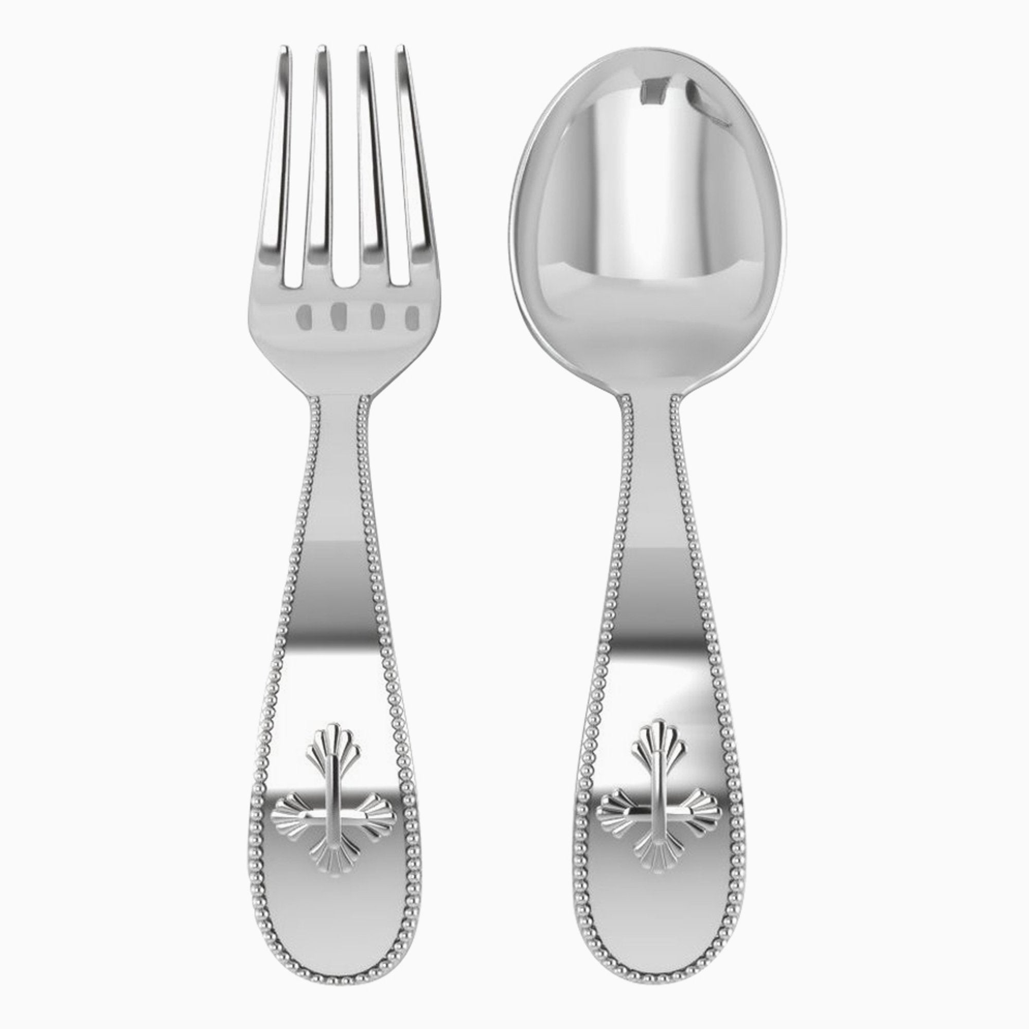 Sterling Silver Beaded Cross Baby Spoon & Fork Set By Krysaliis