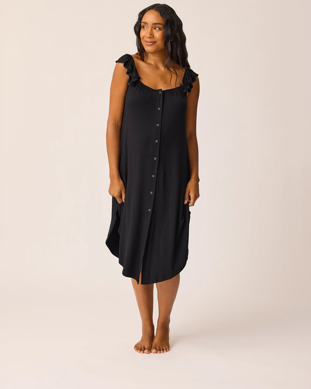 Ruffle Strap Labor & Delivery Gown | Black