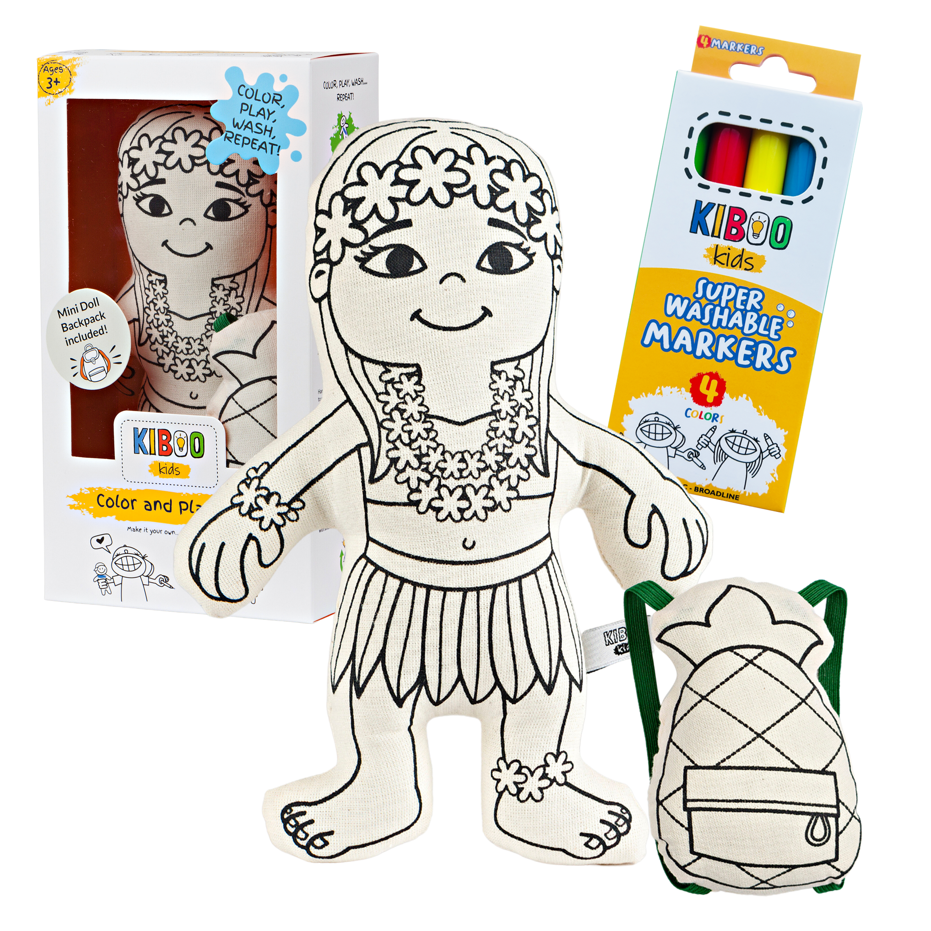 : Hula Girl With Mini Pineapple Backpack - Colorable And Washable Doll For Creative Play
