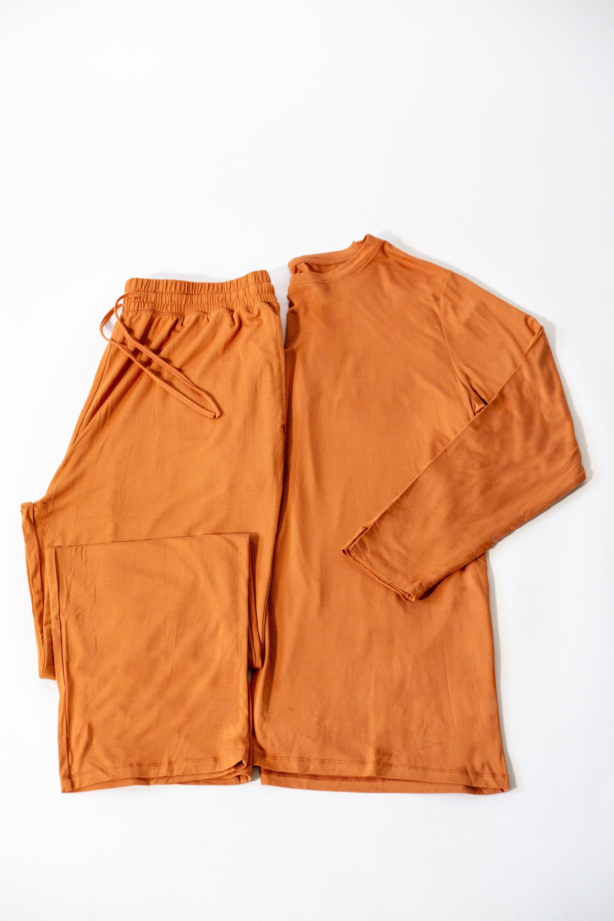 Mens Long Sleeve Solid Bamboo Pajama- Color Orange, Crew Neck
