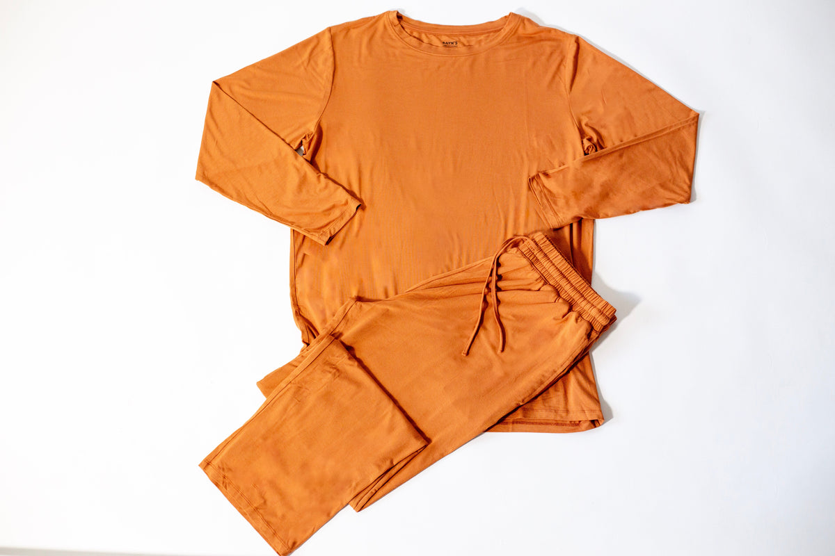 Mens Long Sleeve Solid Bamboo Pajama- Color Orange, Crew Neck