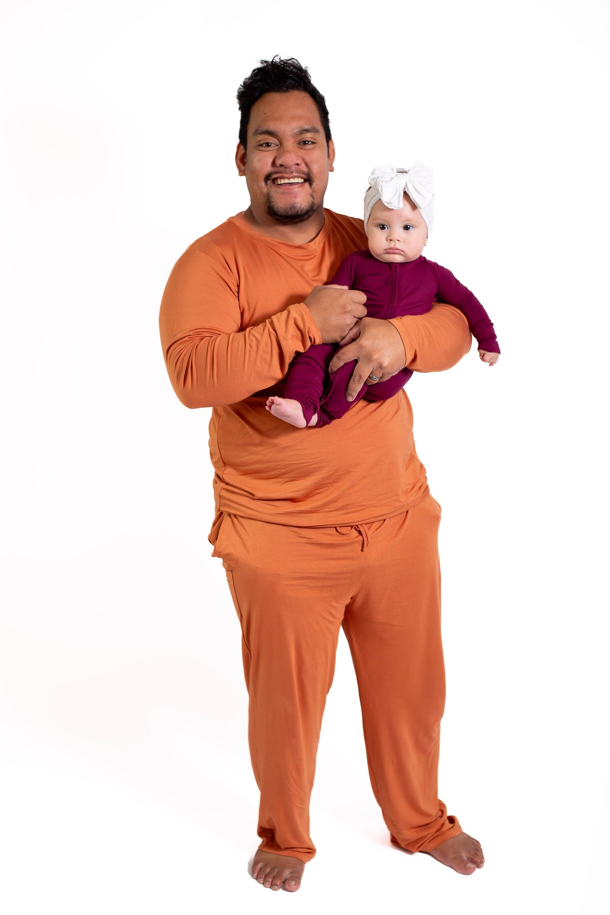 Mens Long Sleeve Solid Bamboo Pajama- Color Orange, Crew Neck
