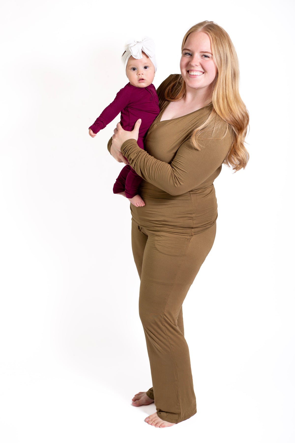 Women's Solid Long Sleeve Button Pajamas:2 Piece Bamboo Olive