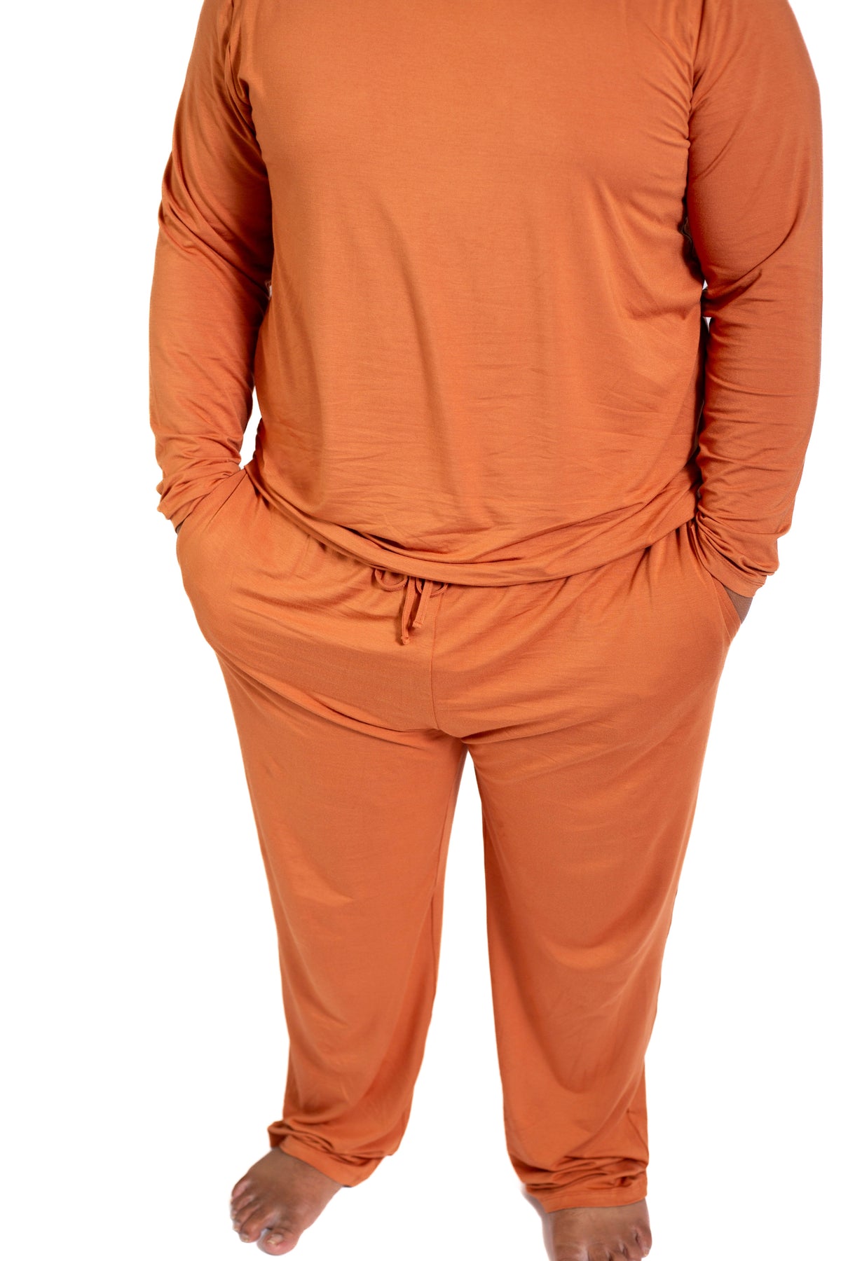Mens Long Sleeve Solid Bamboo Pajama- Color Orange, Crew Neck