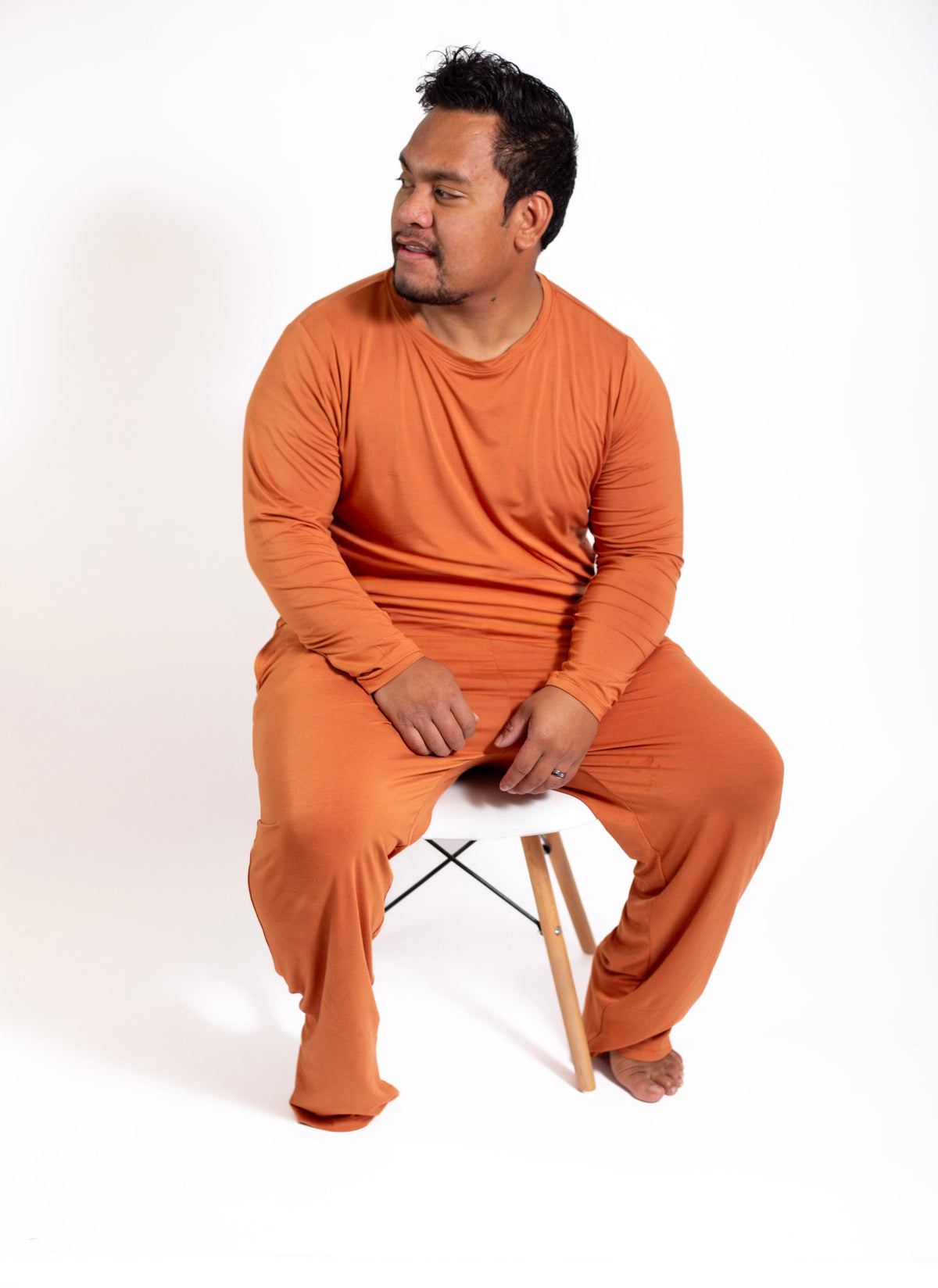 Mens Long Sleeve Solid Bamboo Pajama- Color Orange, Crew Neck