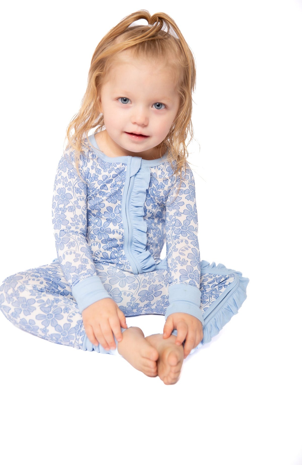 Blue Bonnet Bamboo Floral Onesie | Double Zip & Frills | Mommy & Me