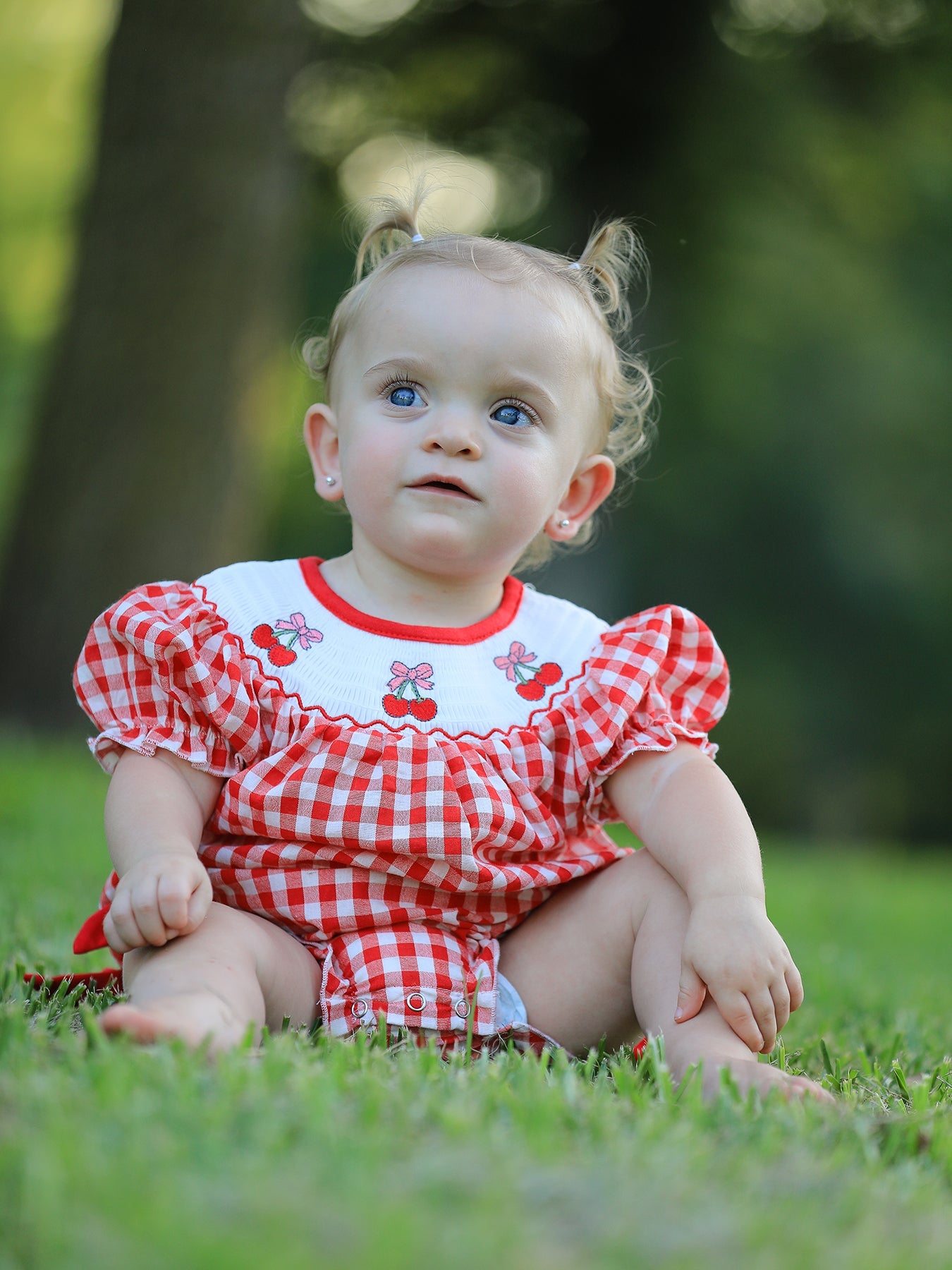 Red Cherry Bow Plaid Smocking Embroidery Girls' Romper