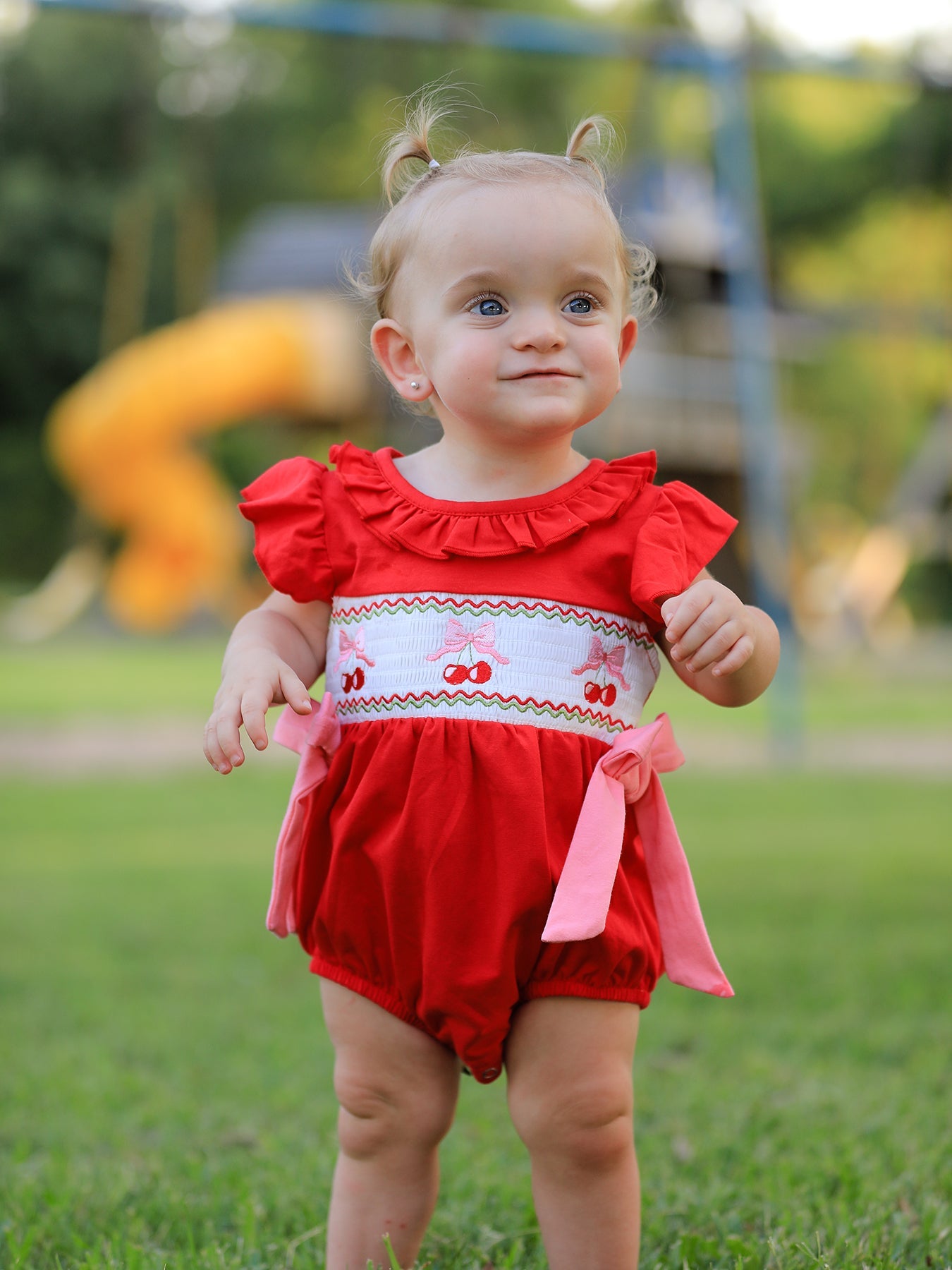 Red Cherry Bow Smocking Embroidery Girls' Romper