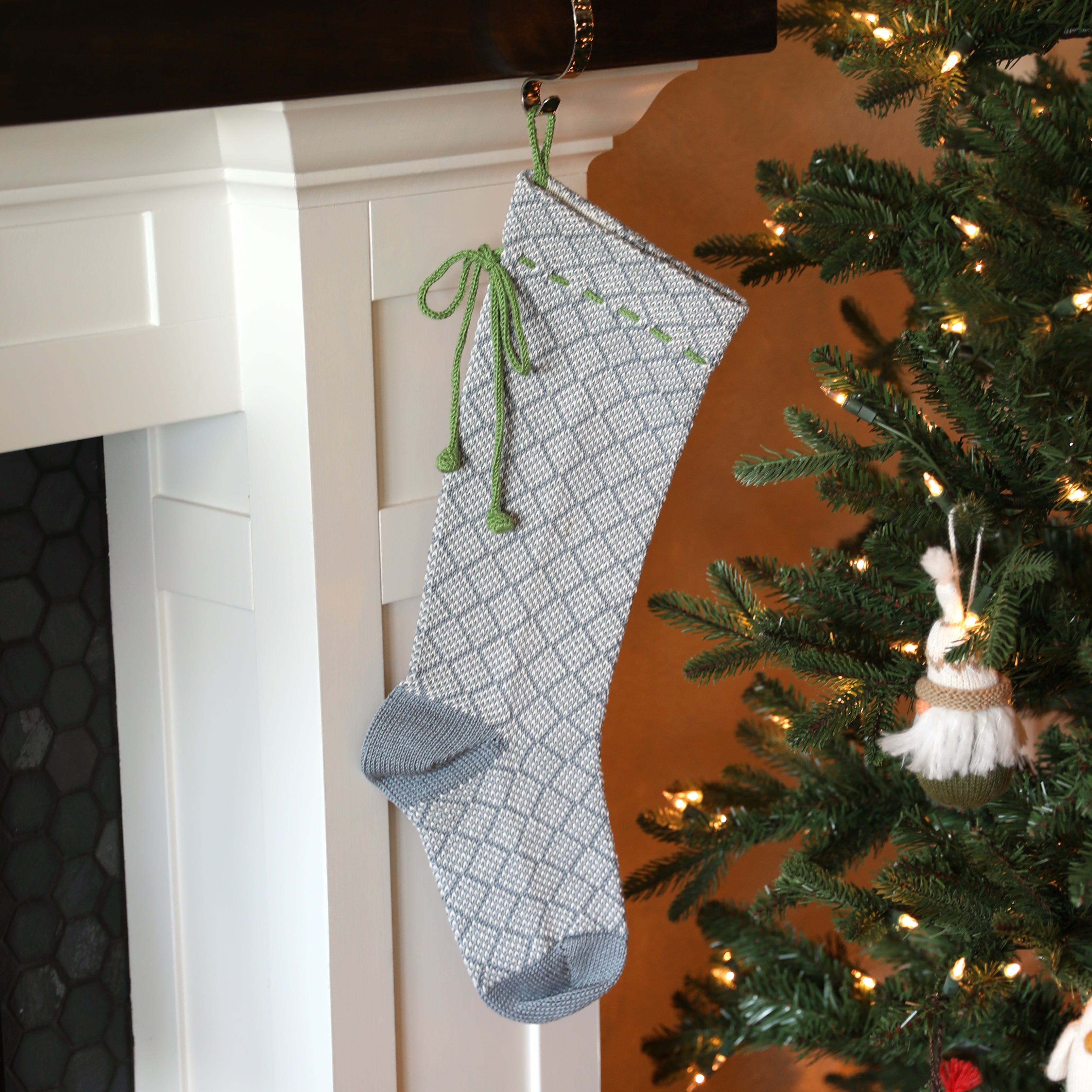 Grey Patterned Stocking With Green Bow