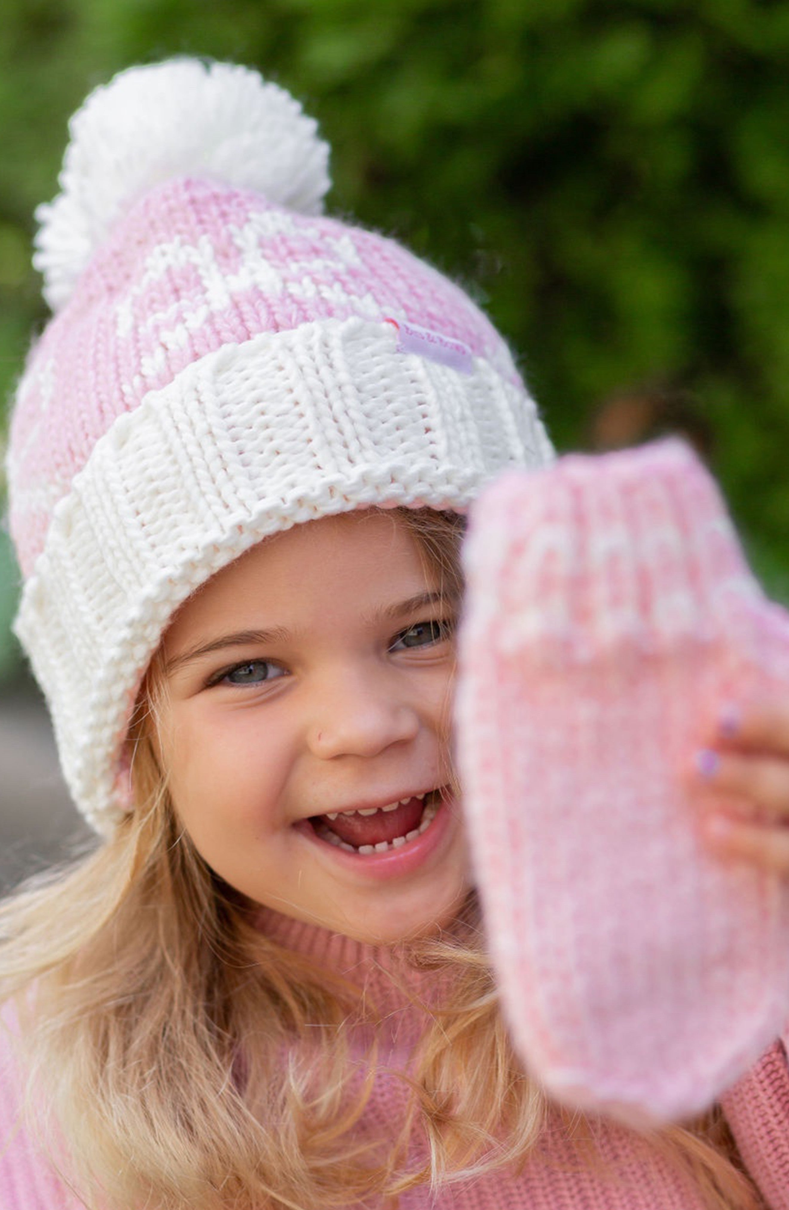 Pink Bows Bobble Hat/mittens/scarf Bundle