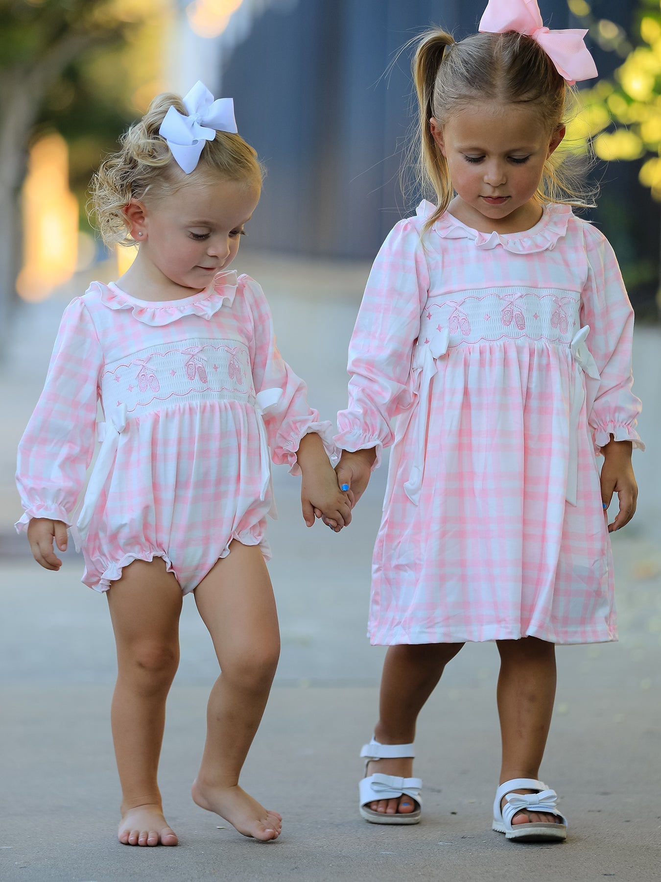 Pink Plaid Ruffle Ballet Shoe Embroidery Long Sleeve Dress