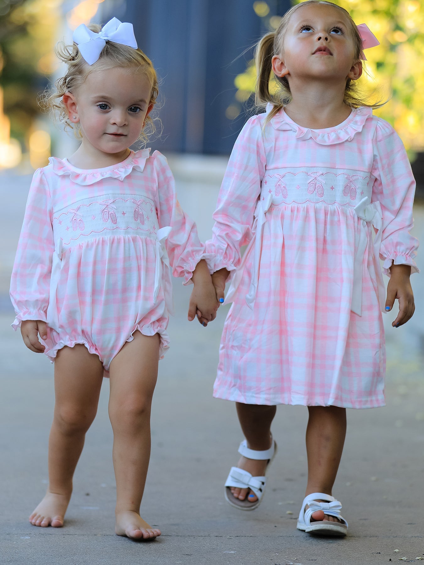 Pink Plaid Ruffle Ballet Shoe Embroidery Long Sleeve Dress