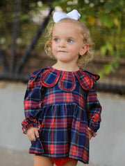 Fall Plaid Girl Set Petal Collar Puff Sleeve Bloomer
