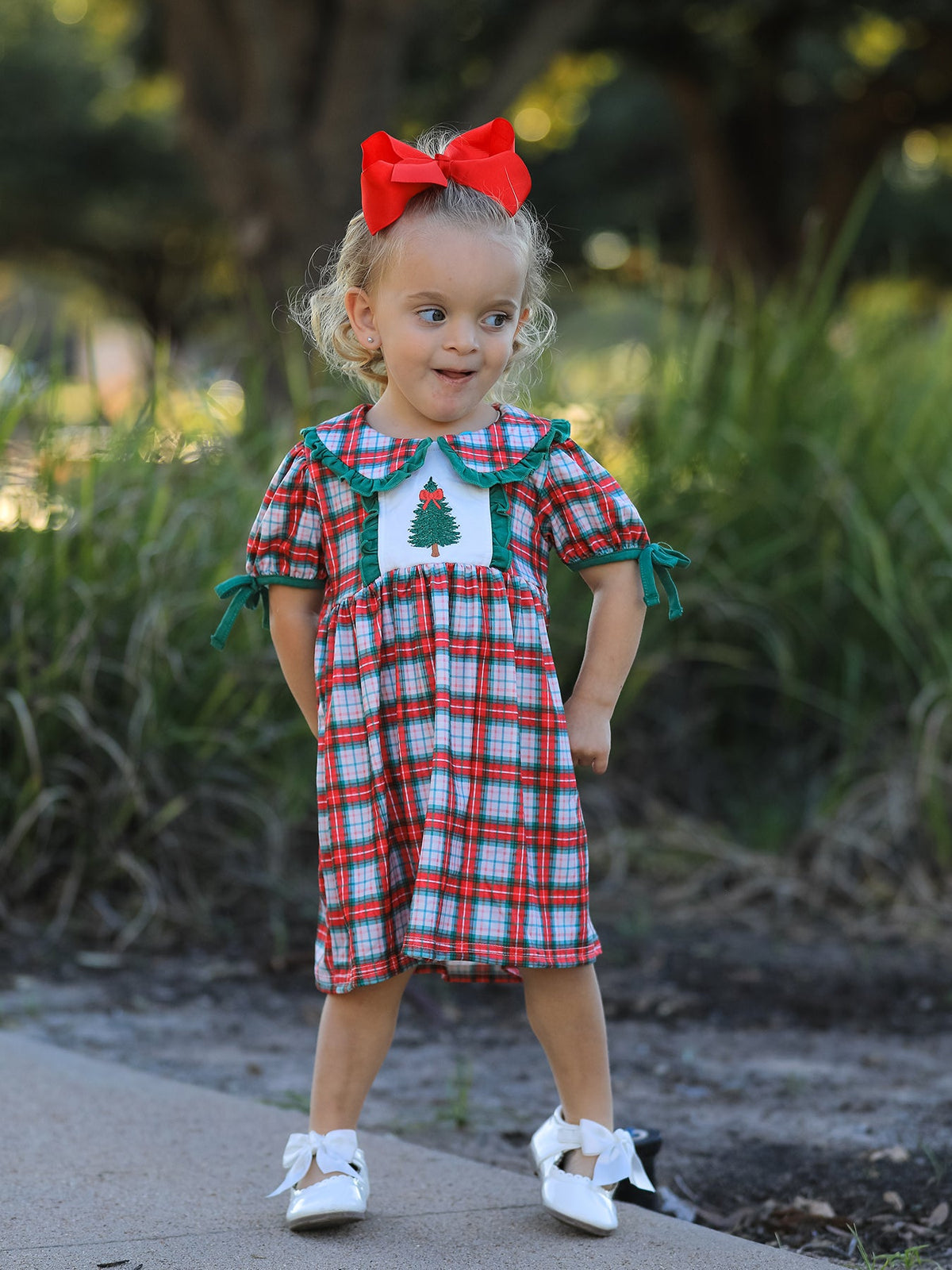 Christmas Tree Plaid Girls Dress Petals Collar Ruffle