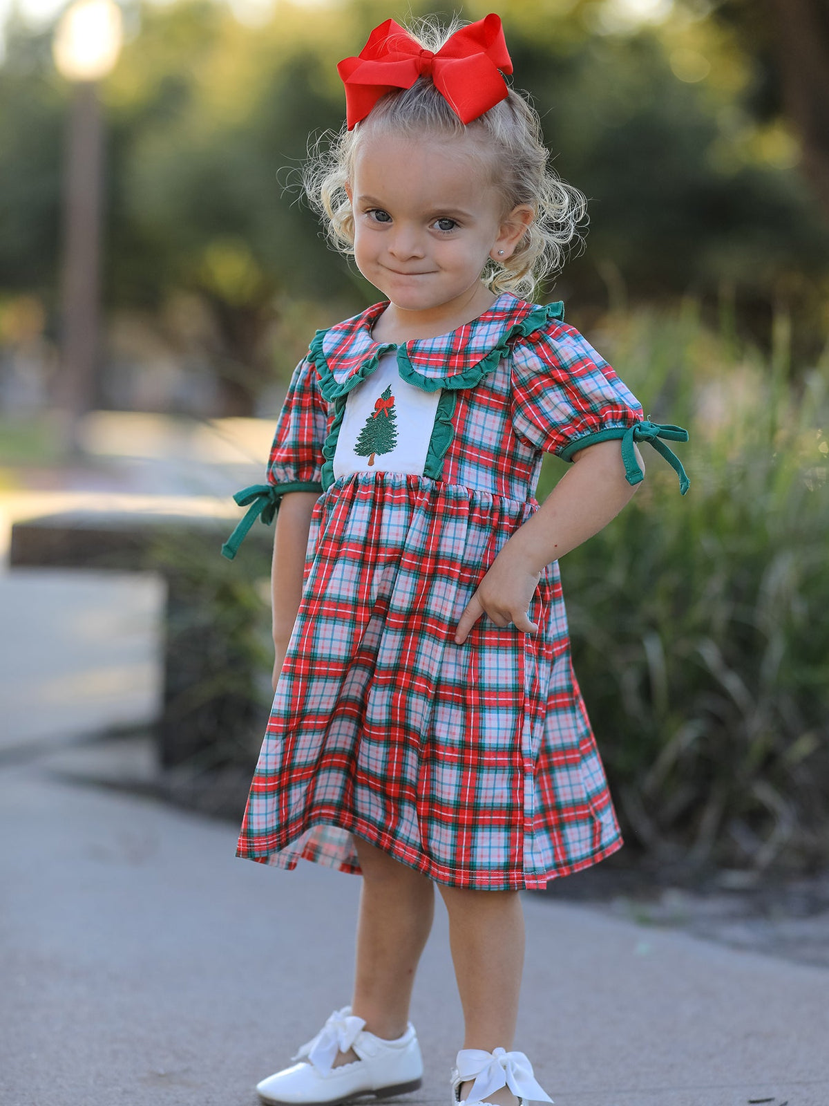 Christmas Tree Plaid Girls Dress Petals Collar Ruffle