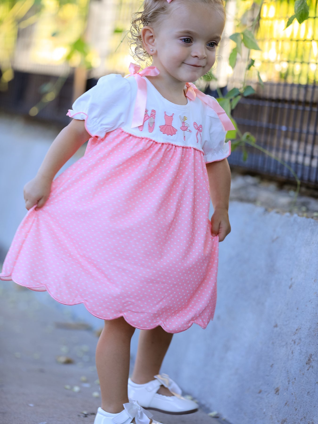Pink Ballet Embroidery Bow Polka Dot Dress