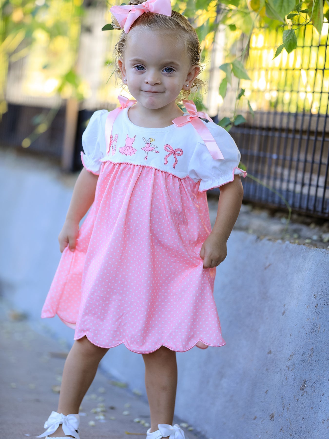 Pink Ballet Embroidery Bow Polka Dot Dress