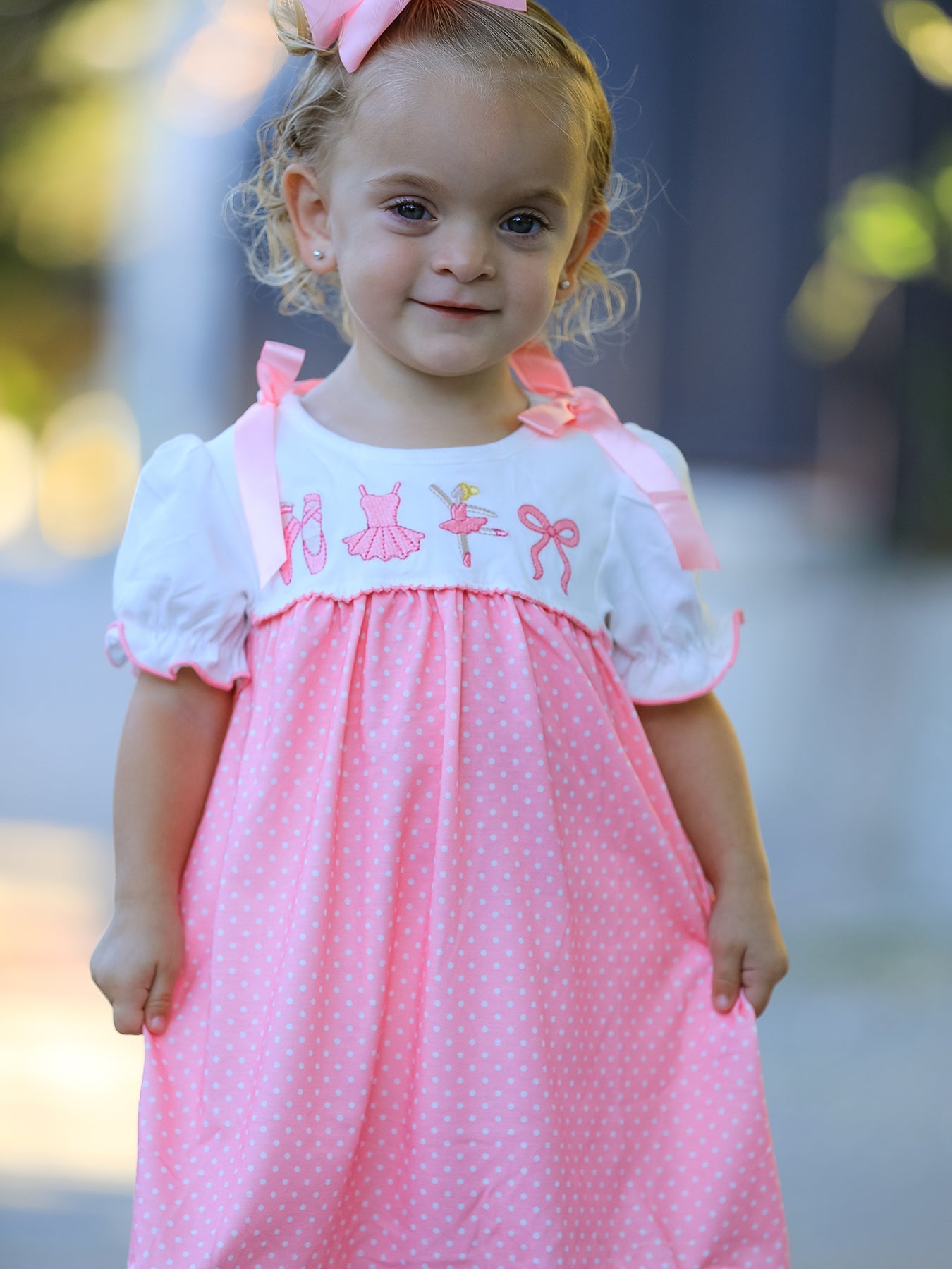 Pink Ballet Embroidery Bow Polka Dot Dress