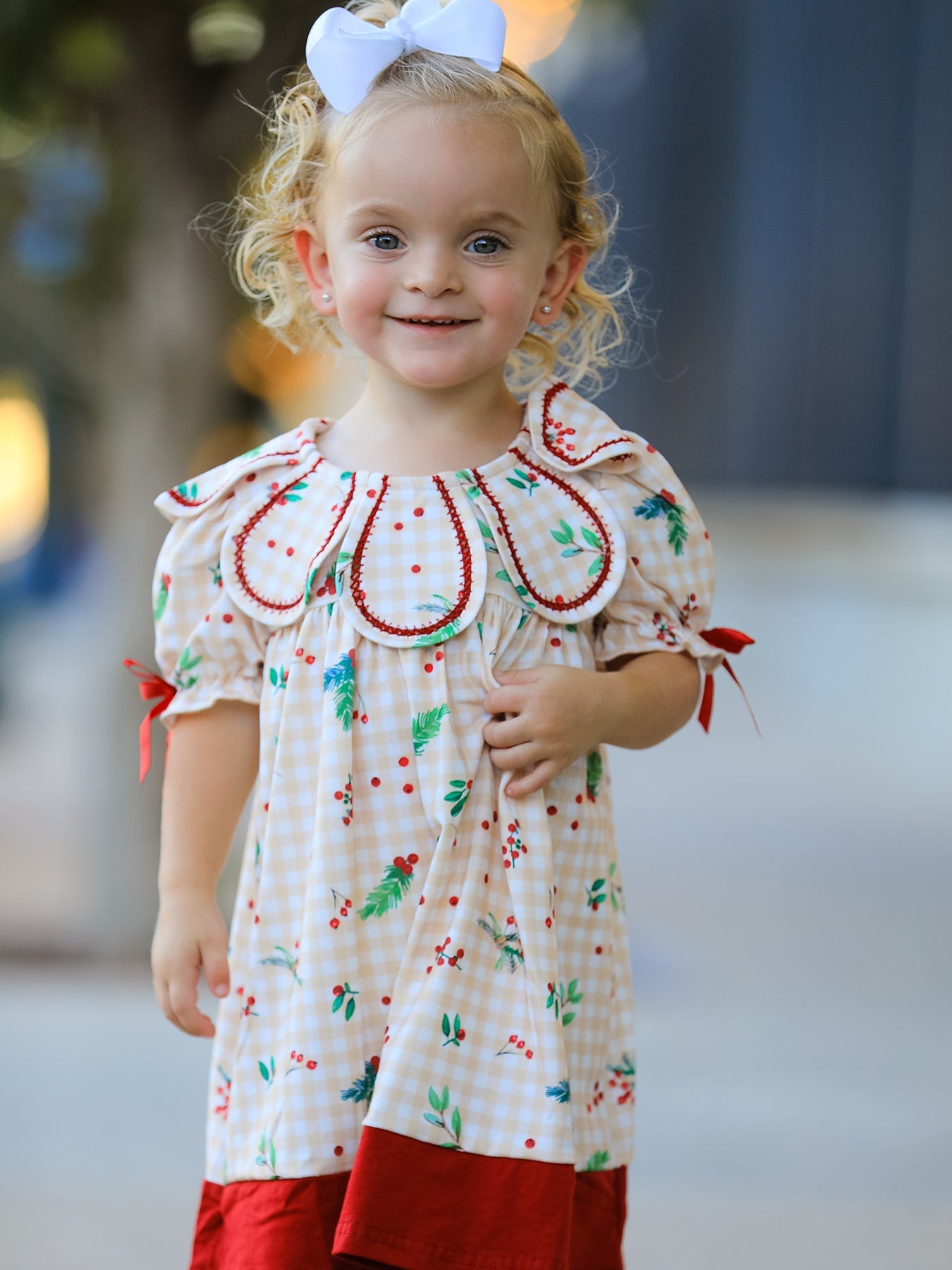 Fall Gingham Girls Dress Ruffle Collar Bow