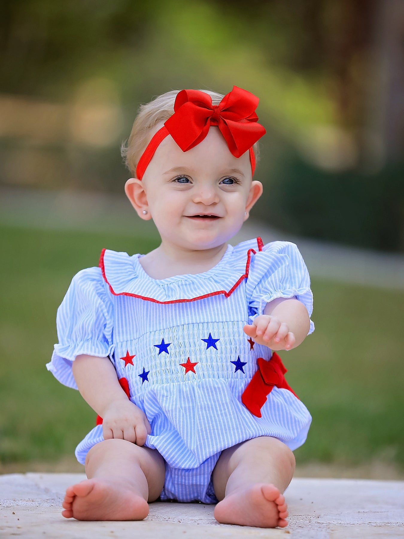 4th Of July Girls' Smocking Star Embroidered Romper