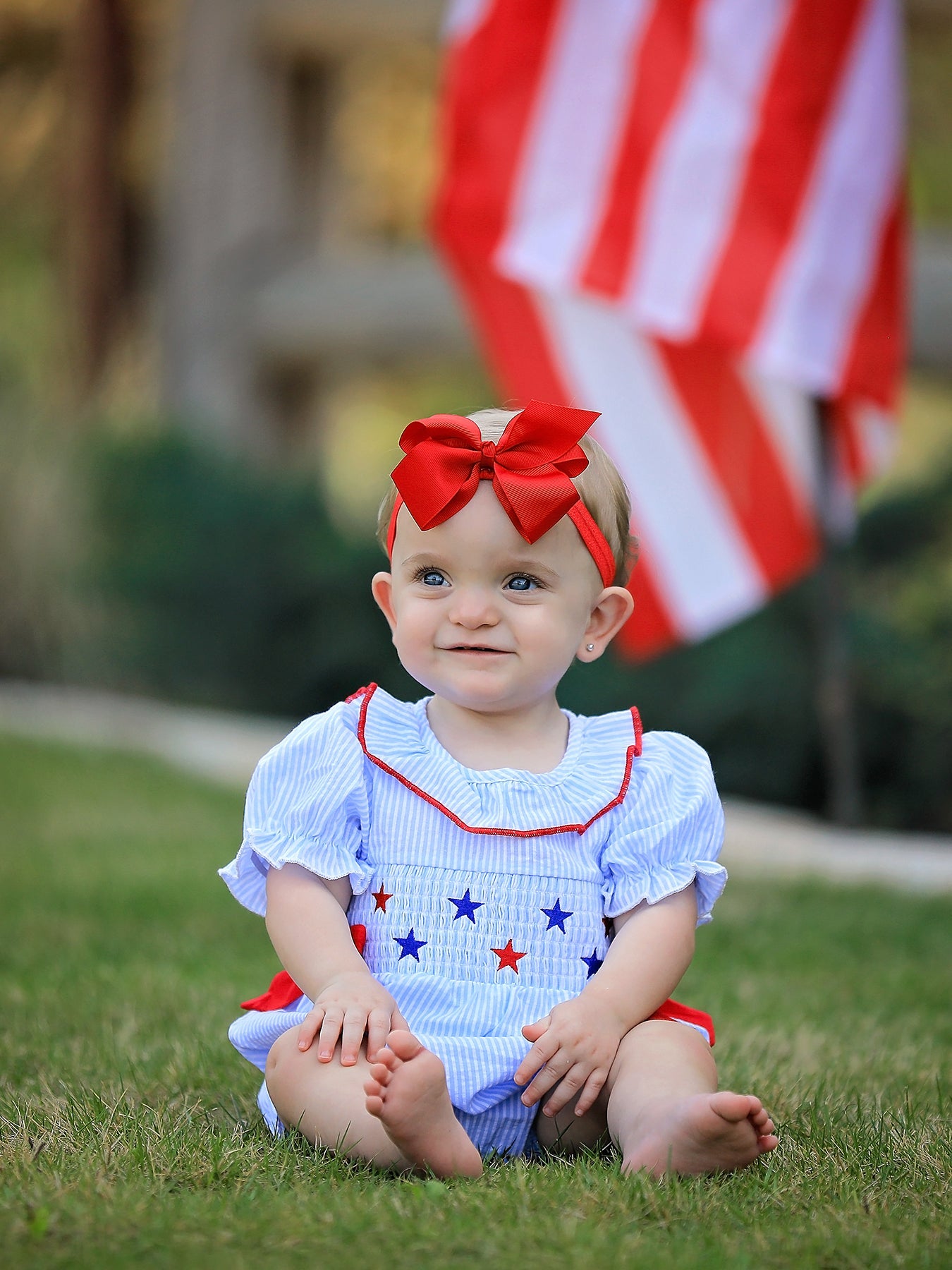 4th Of July Girls' Smocking Star Embroidered Romper