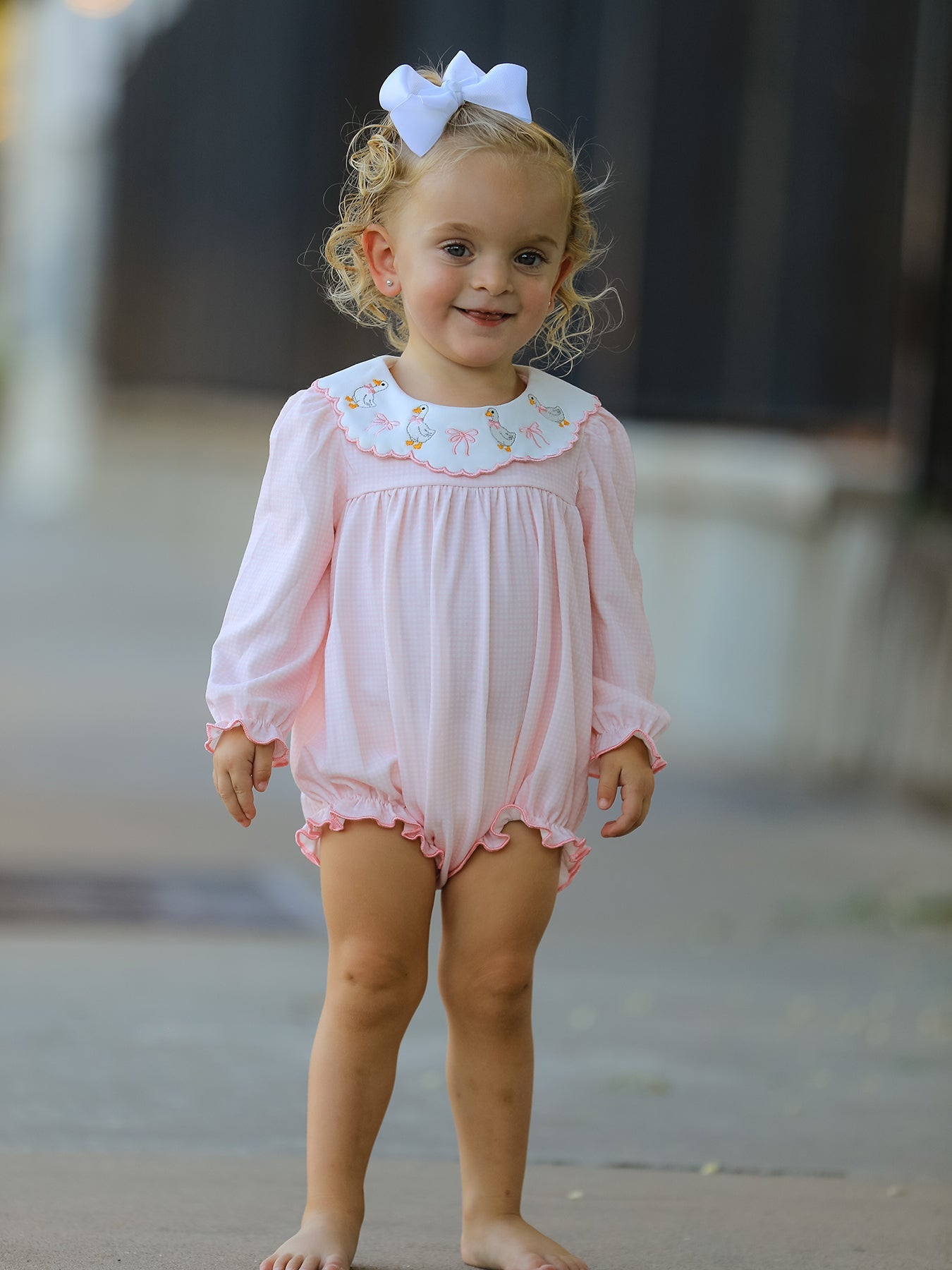 Pink Duck Embroidered Baby Girl Romper Ruffle Collar