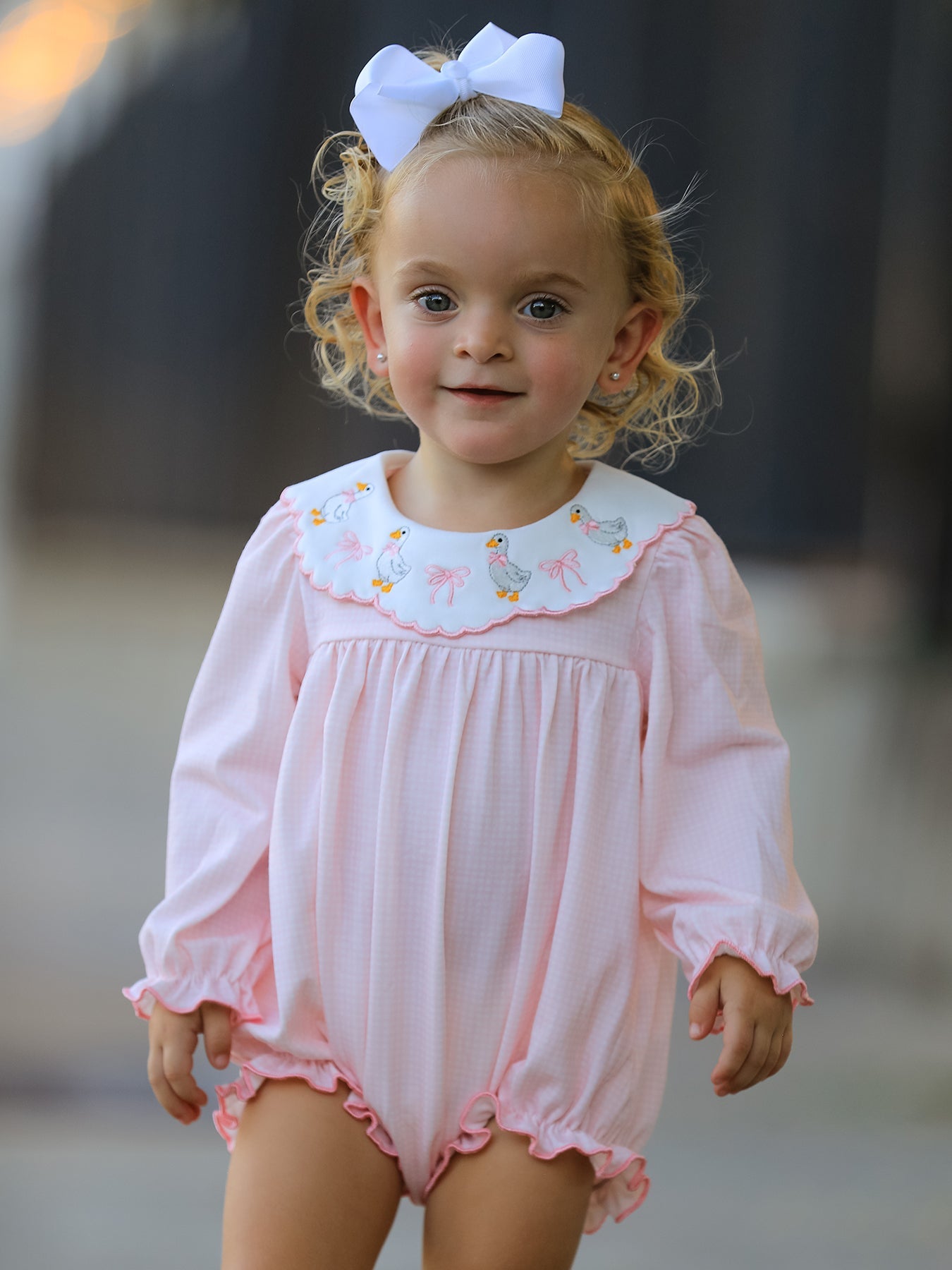 Pink Duck Embroidered Baby Girl Romper Ruffle Collar