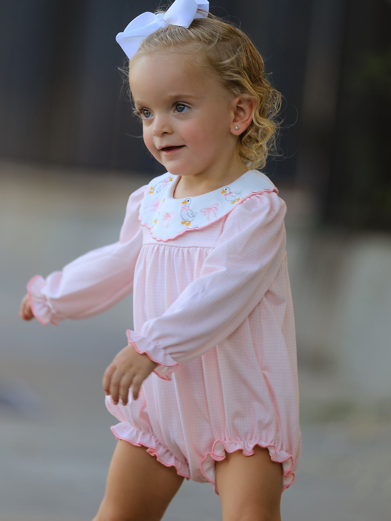 Pink Duck Embroidered Baby Girl Romper Ruffle Collar