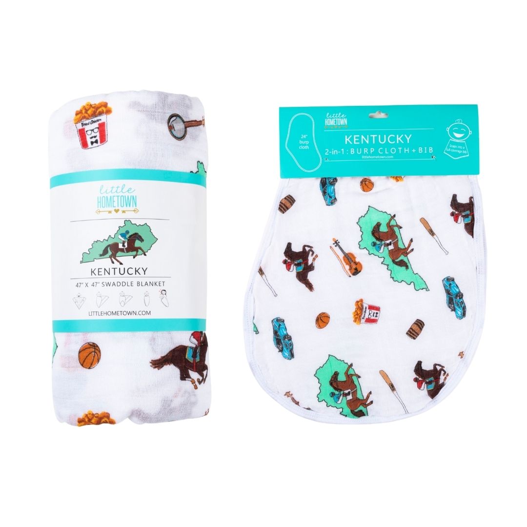Gift Set: Kentucky Baby Muslin Swaddle Blanket And Burp Cloth/bib Combo