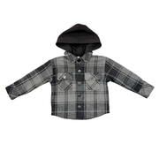 Kid's Hooded Shacket In Charcoal Plaid